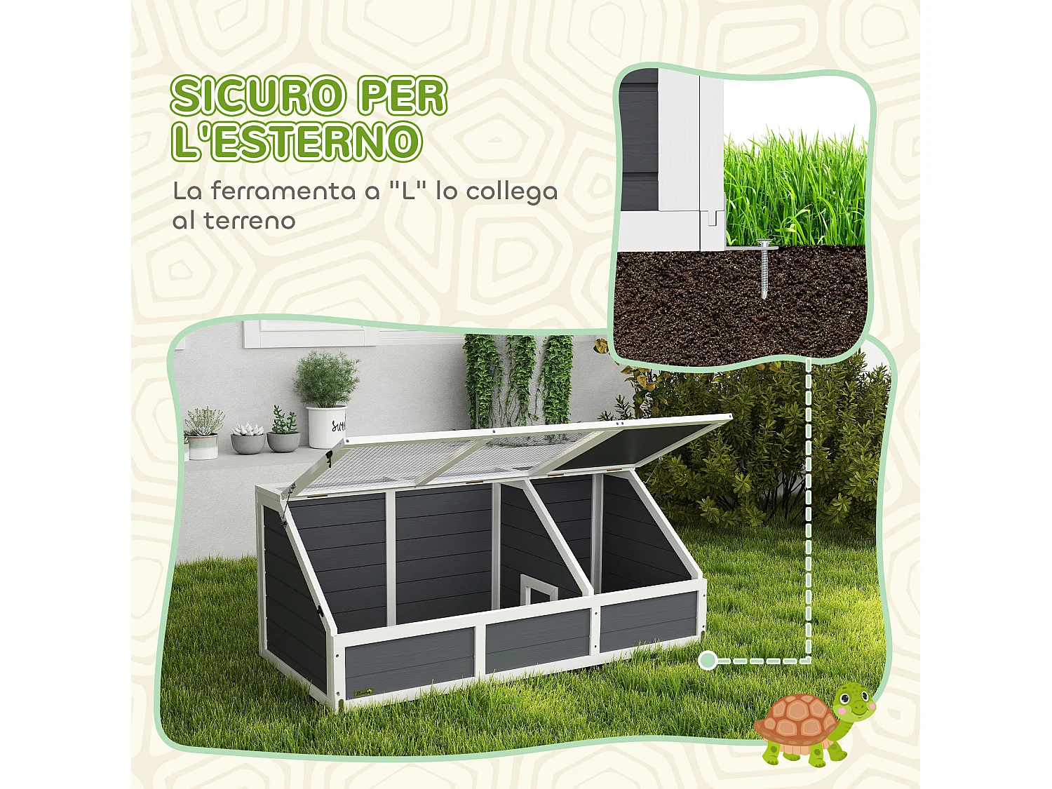 Casetta per tartarughe di terra legno e acciaio grigio chiaro bianco