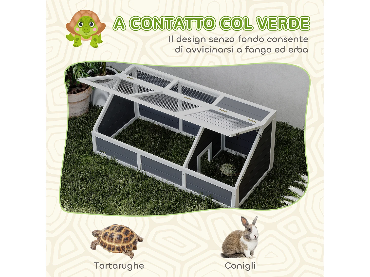 Casetta per tartarughe di terra legno e acciaio grigio chiaro bianco