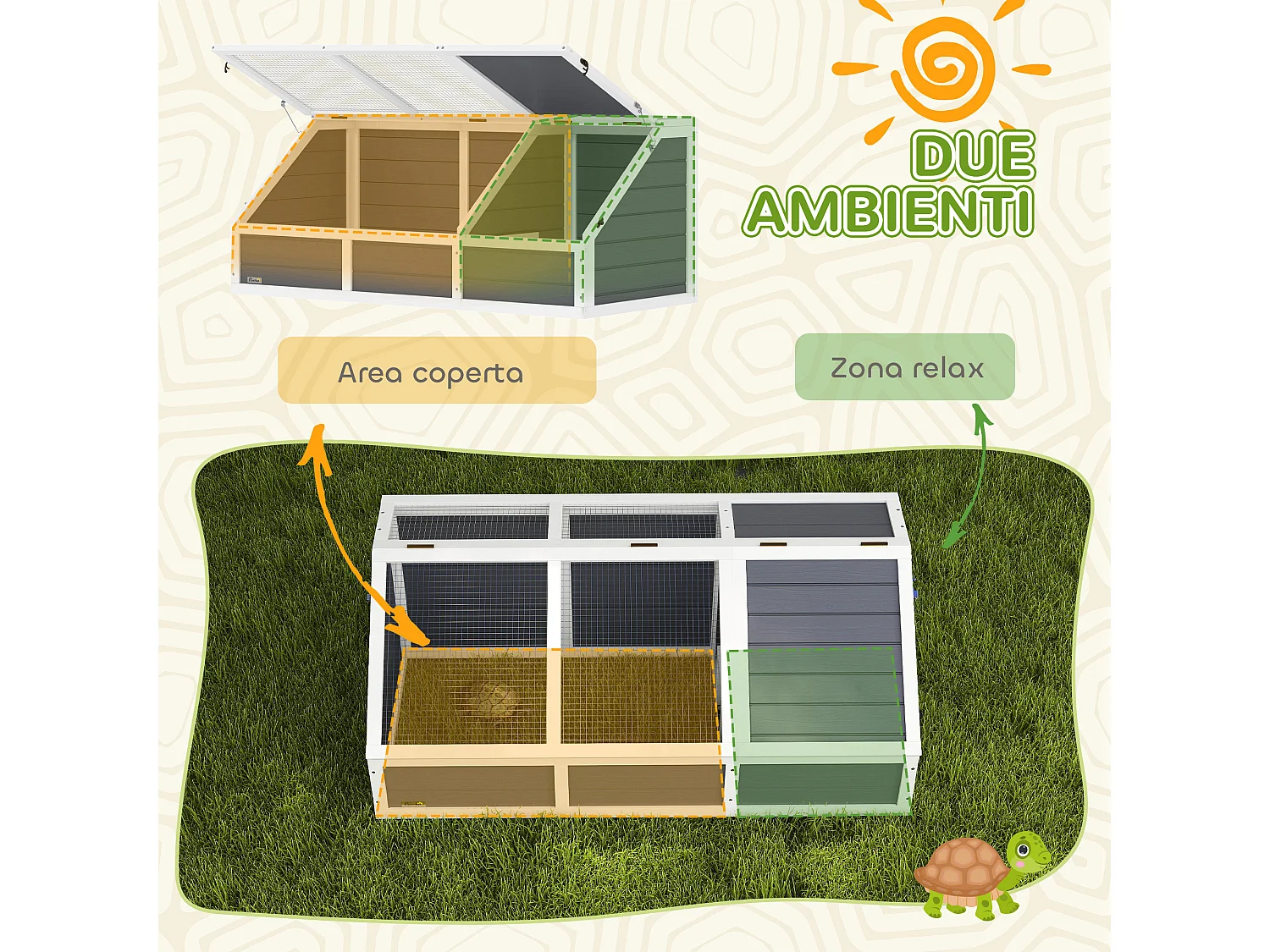 Casetta per tartarughe di terra legno e acciaio grigio chiaro bianco
