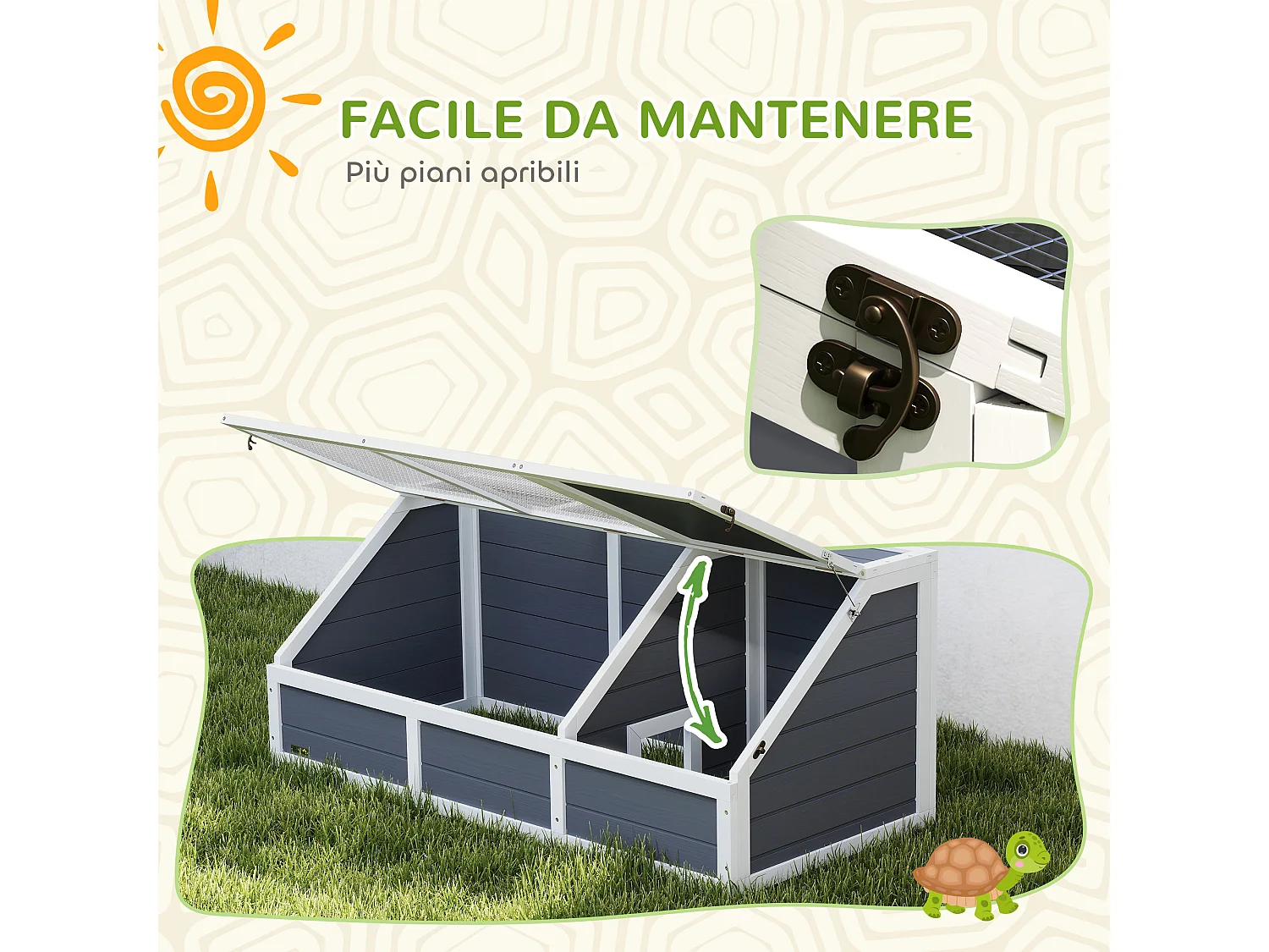 Casetta per tartarughe di terra legno e acciaio grigio chiaro bianco