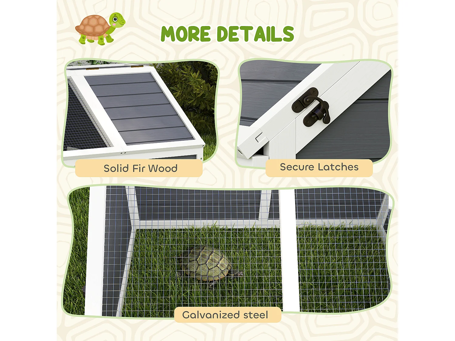 Casetta per tartarughe di terra legno e acciaio grigio chiaro bianco