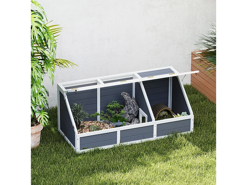 Casetta per tartarughe di terra legno e acciaio grigio chiaro bianco