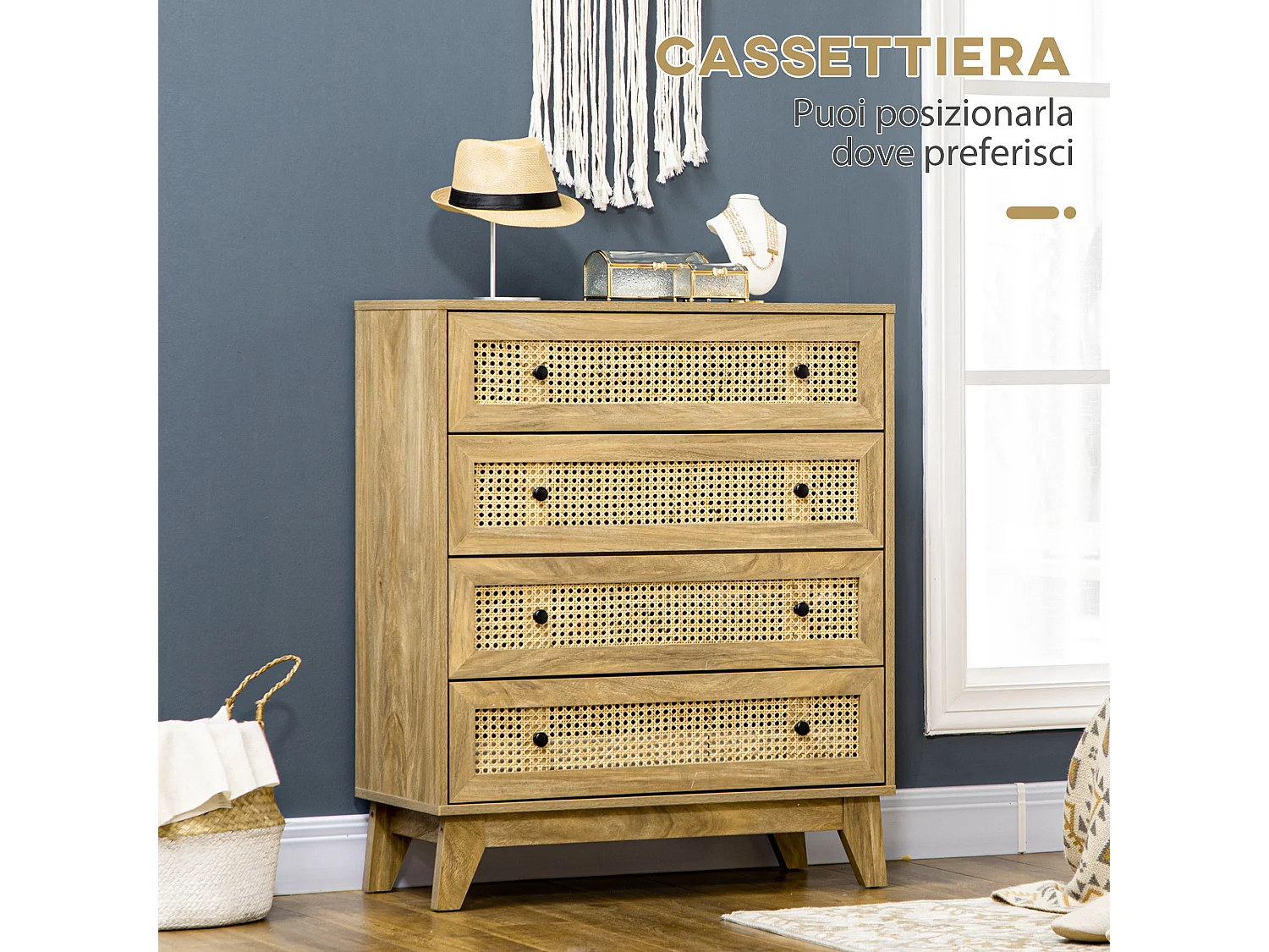 Cassettiera camera da letto a 4 cassetti in rattan stile boho