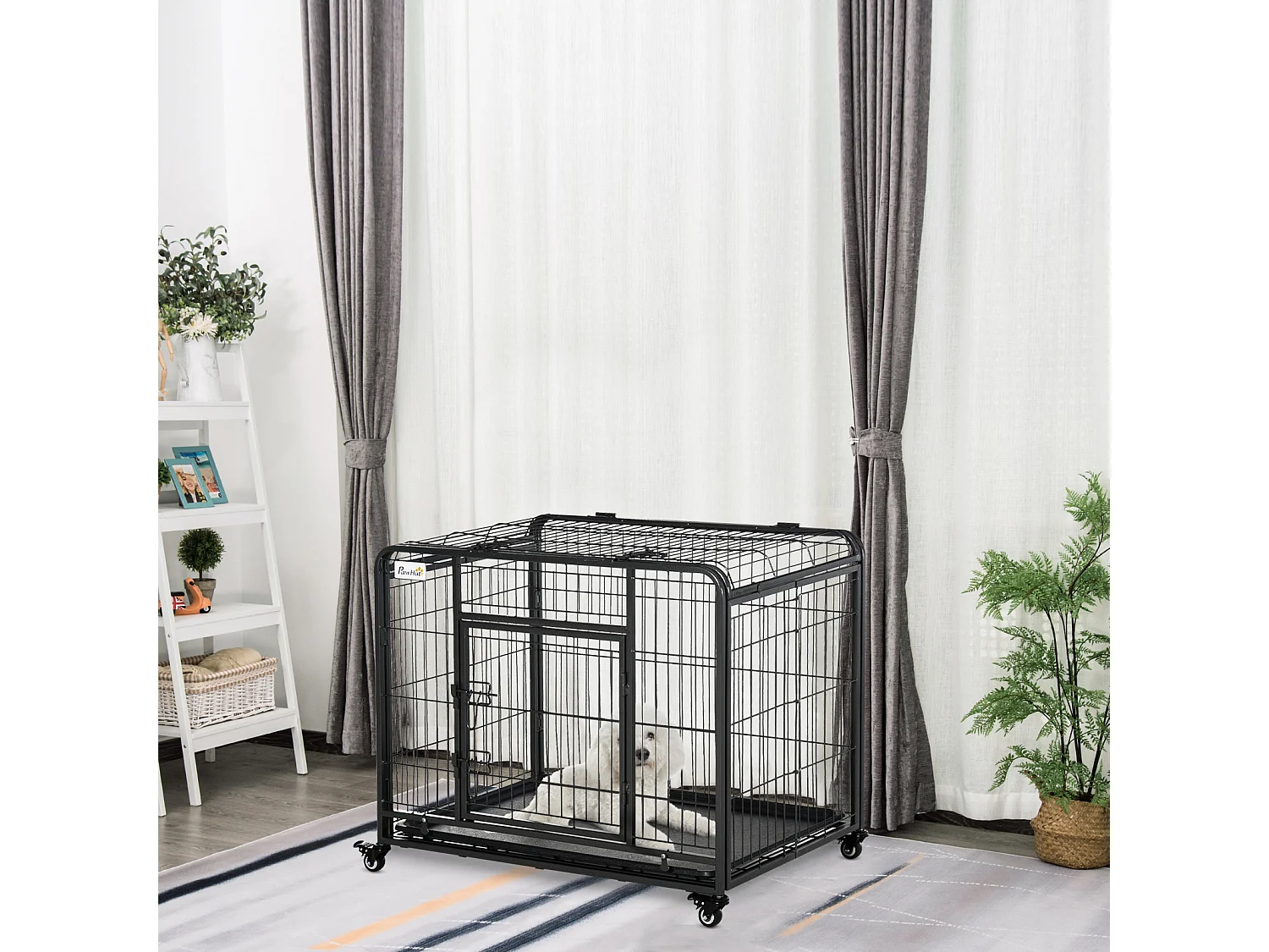 Kennel per cani pieghevole con porta con blocco e ruote grigio