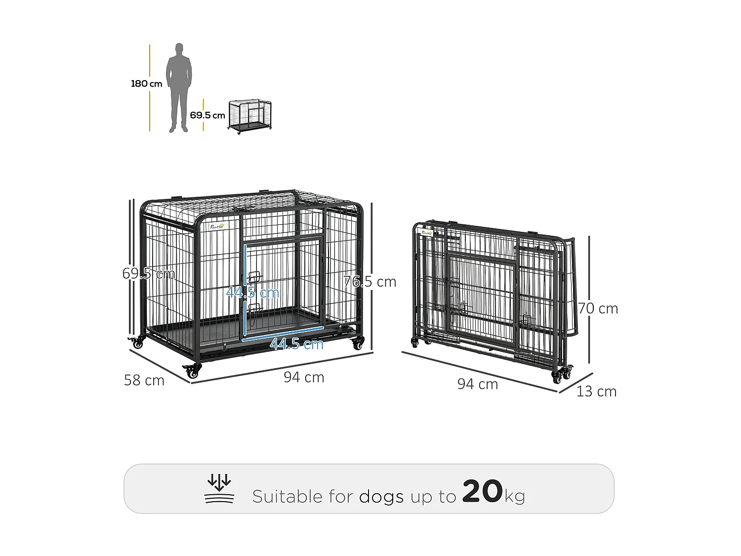 Kennel per cani pieghevole con porta con blocco e ruote grigio