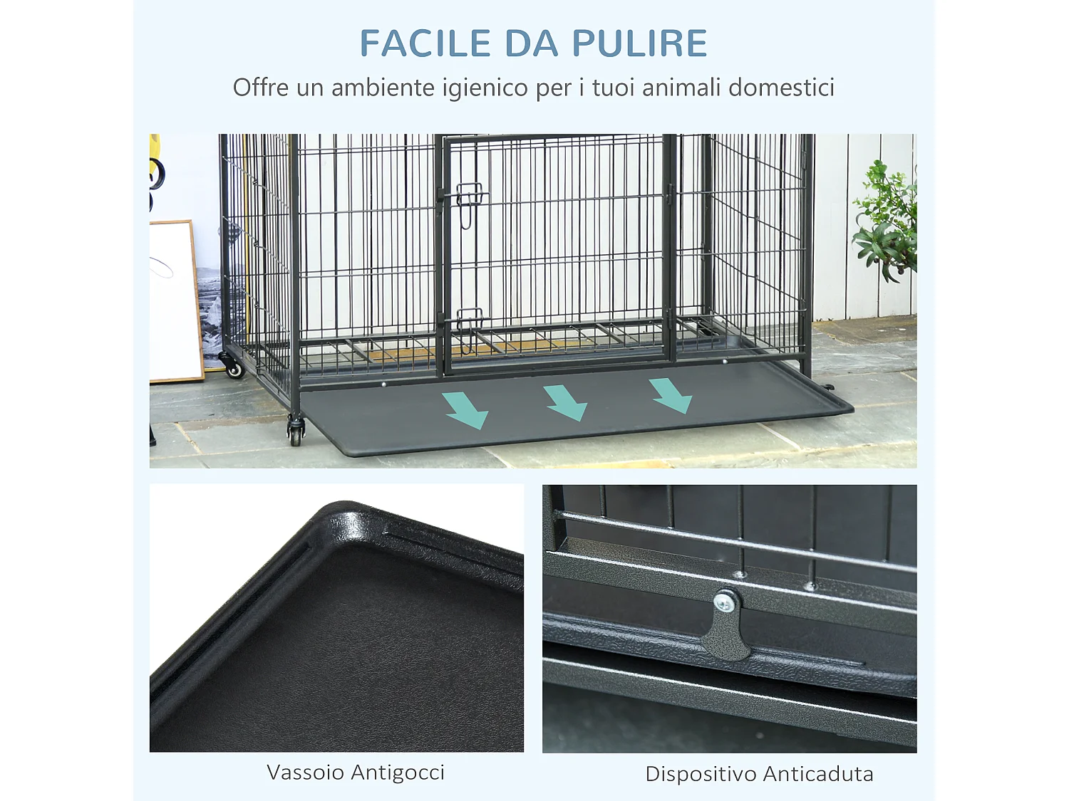 Kennel per cani pieghevole con porta con blocco e ruote grigio