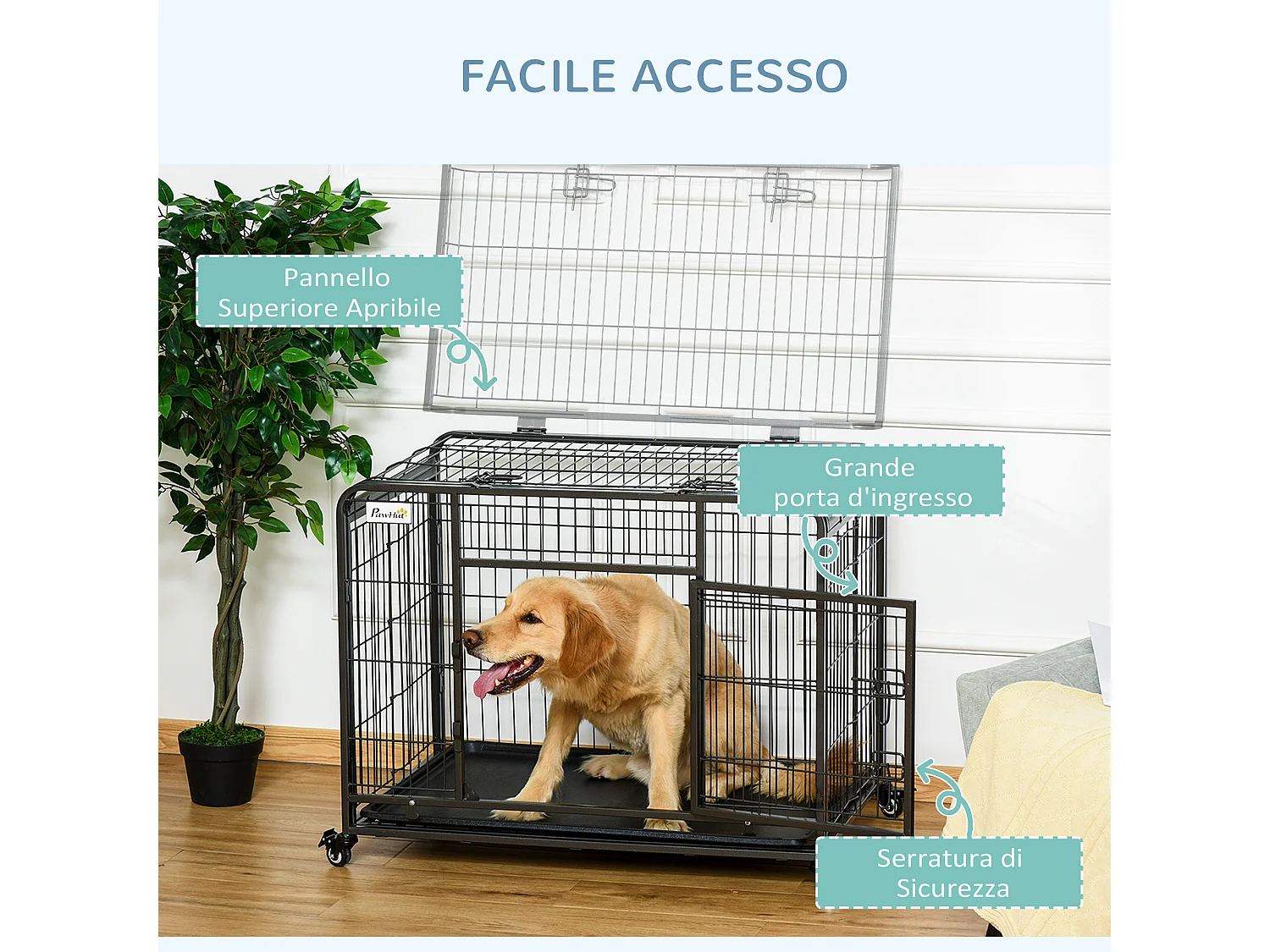 Kennel per cani pieghevole con porta con blocco e ruote grigio