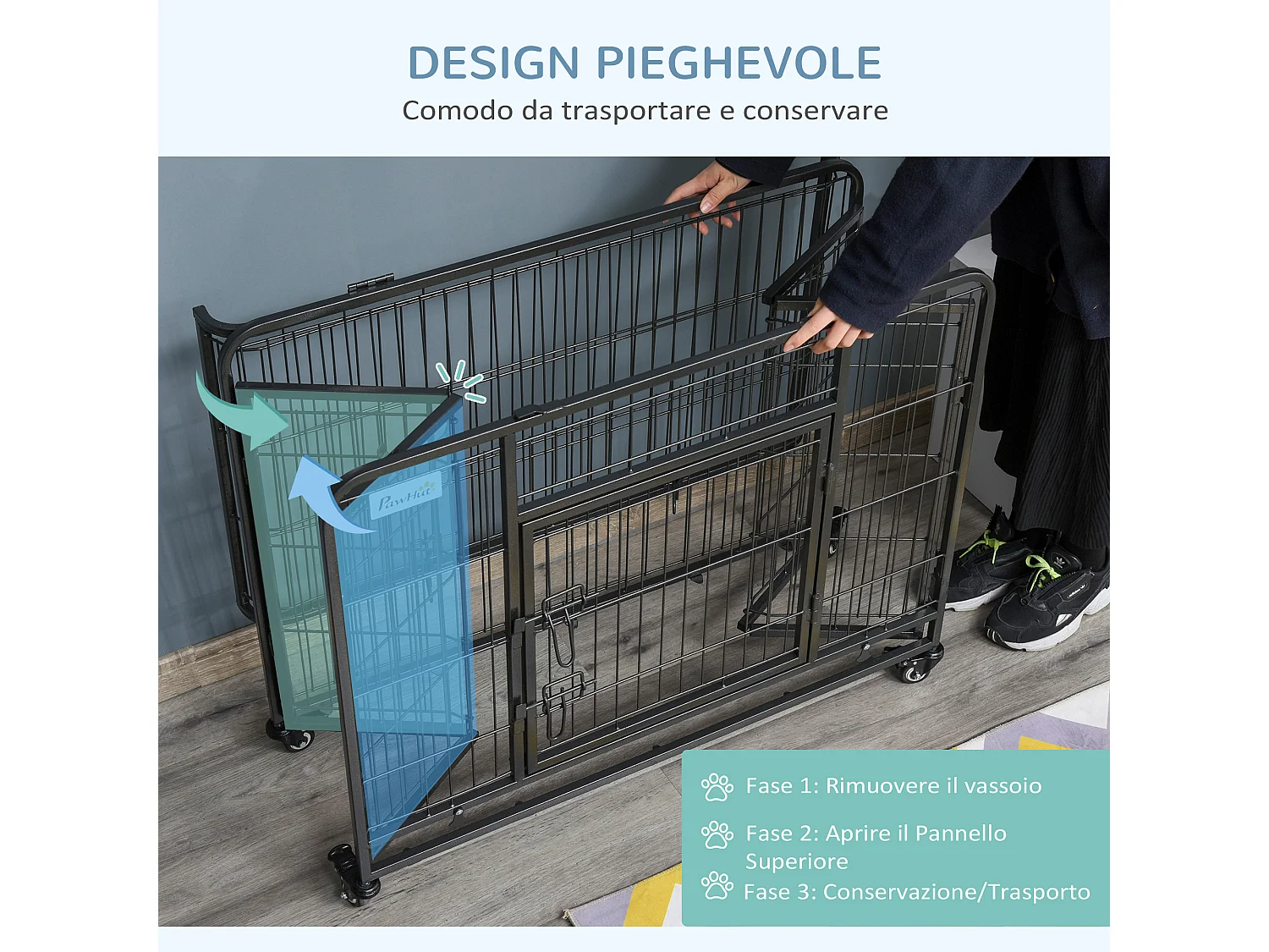 Kennel per cani pieghevole con porta con blocco e ruote grigio