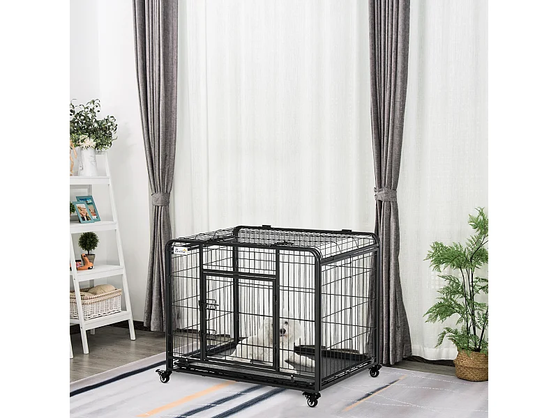 Kennel per cani pieghevole con porta con blocco e ruote grigio