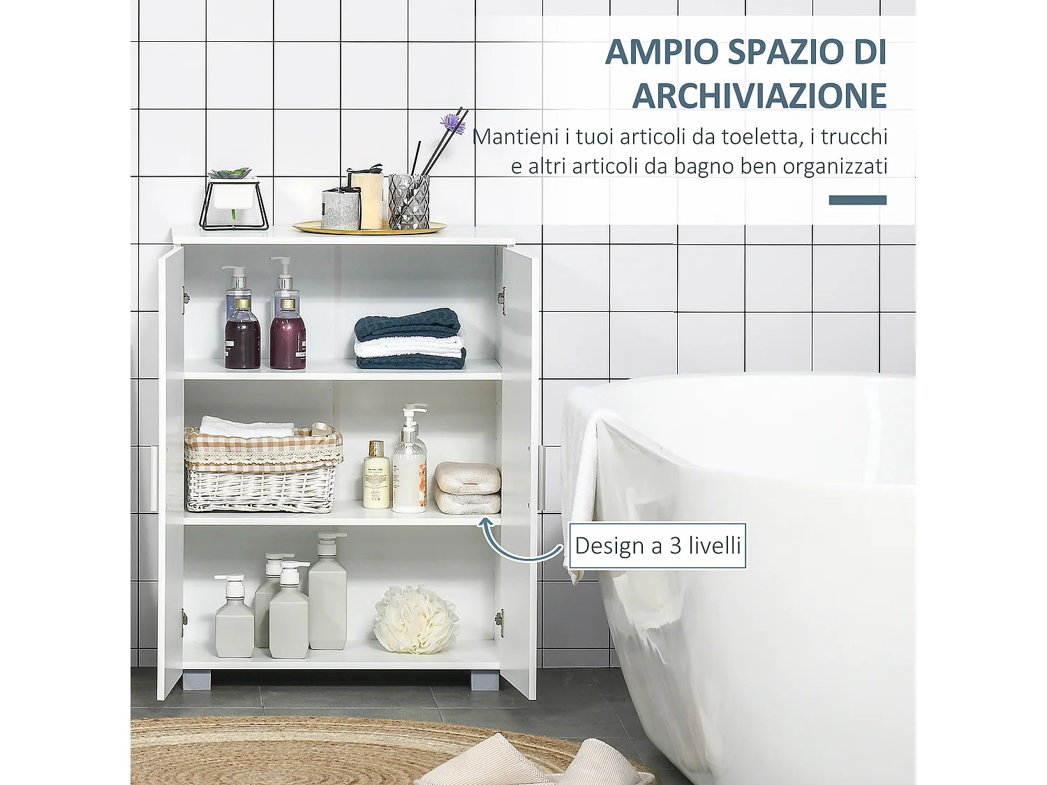 Mobile bagno con 2 ante con soft close, mobiletto bagno salvaspazio