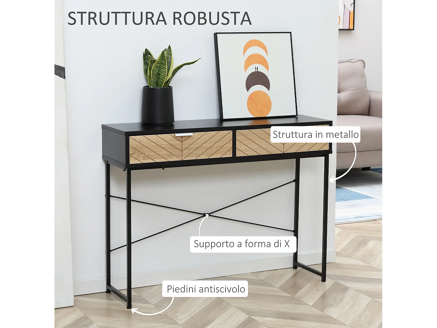 Consolle moderna con 2 cassetti in metallo 100x30x75cm nero