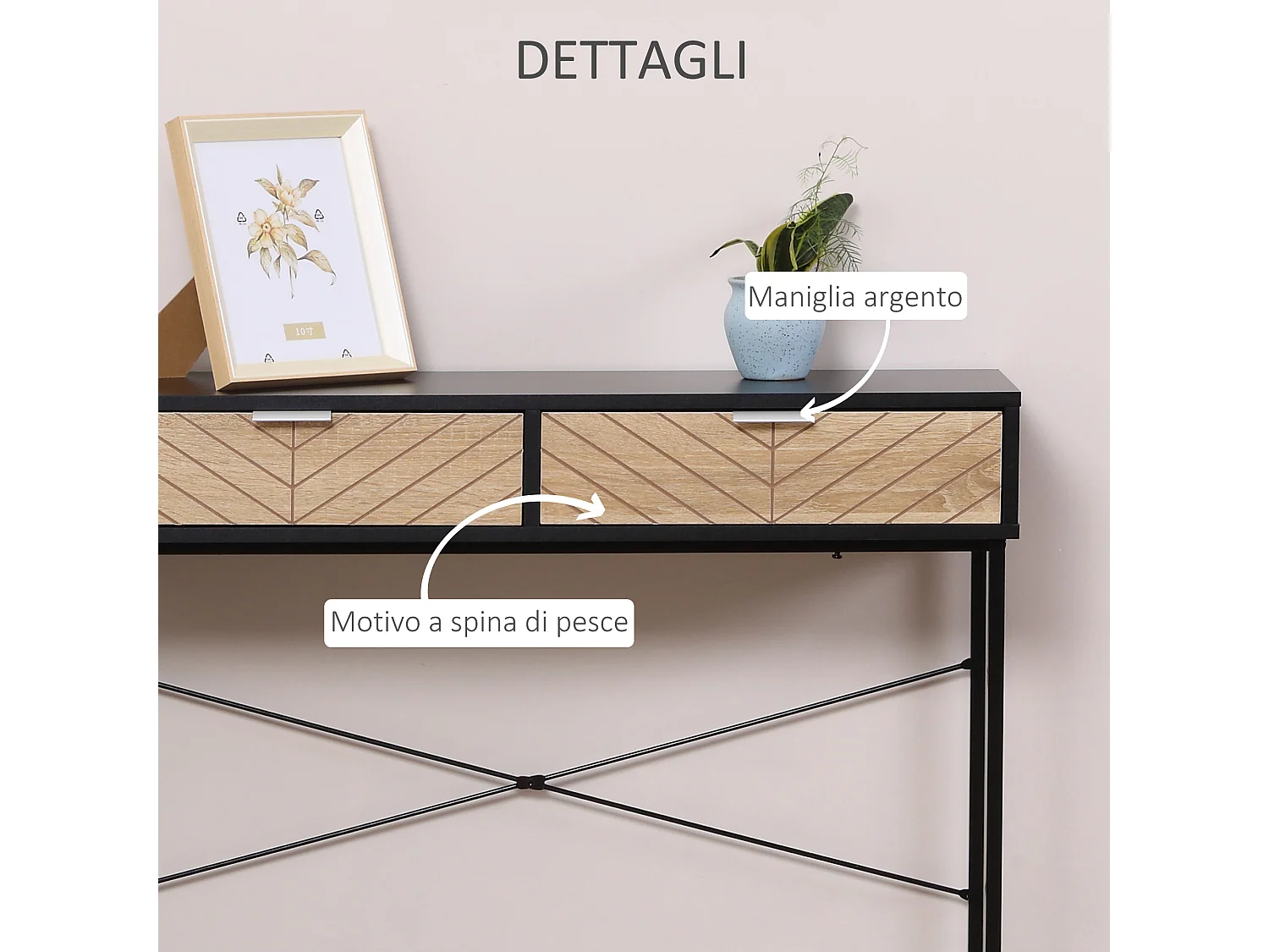 Consolle moderna con 2 cassetti in metallo 100x30x75cm nero