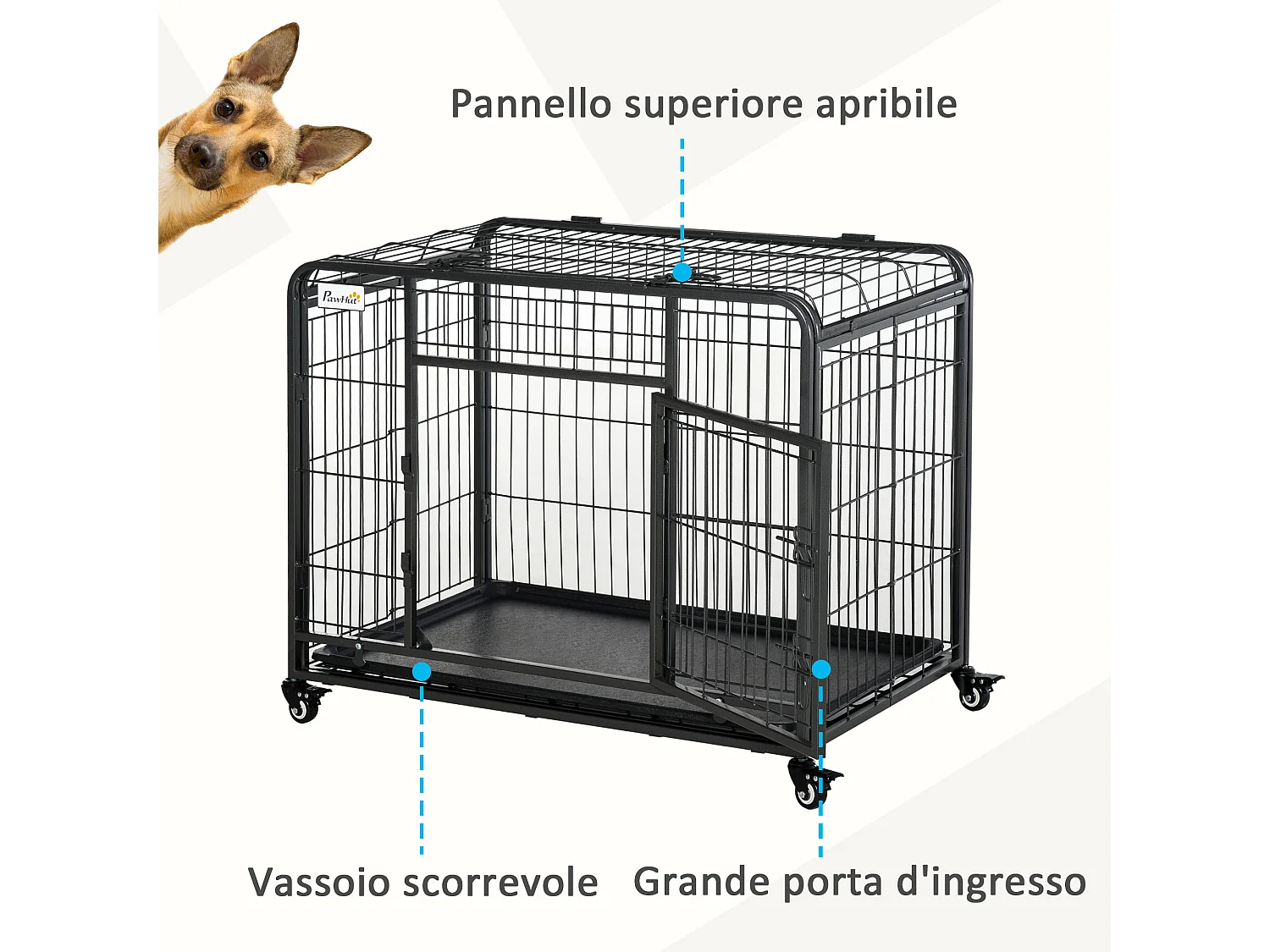 Kennel gabbia per cani pieghevole porta con blocco 4 ruote