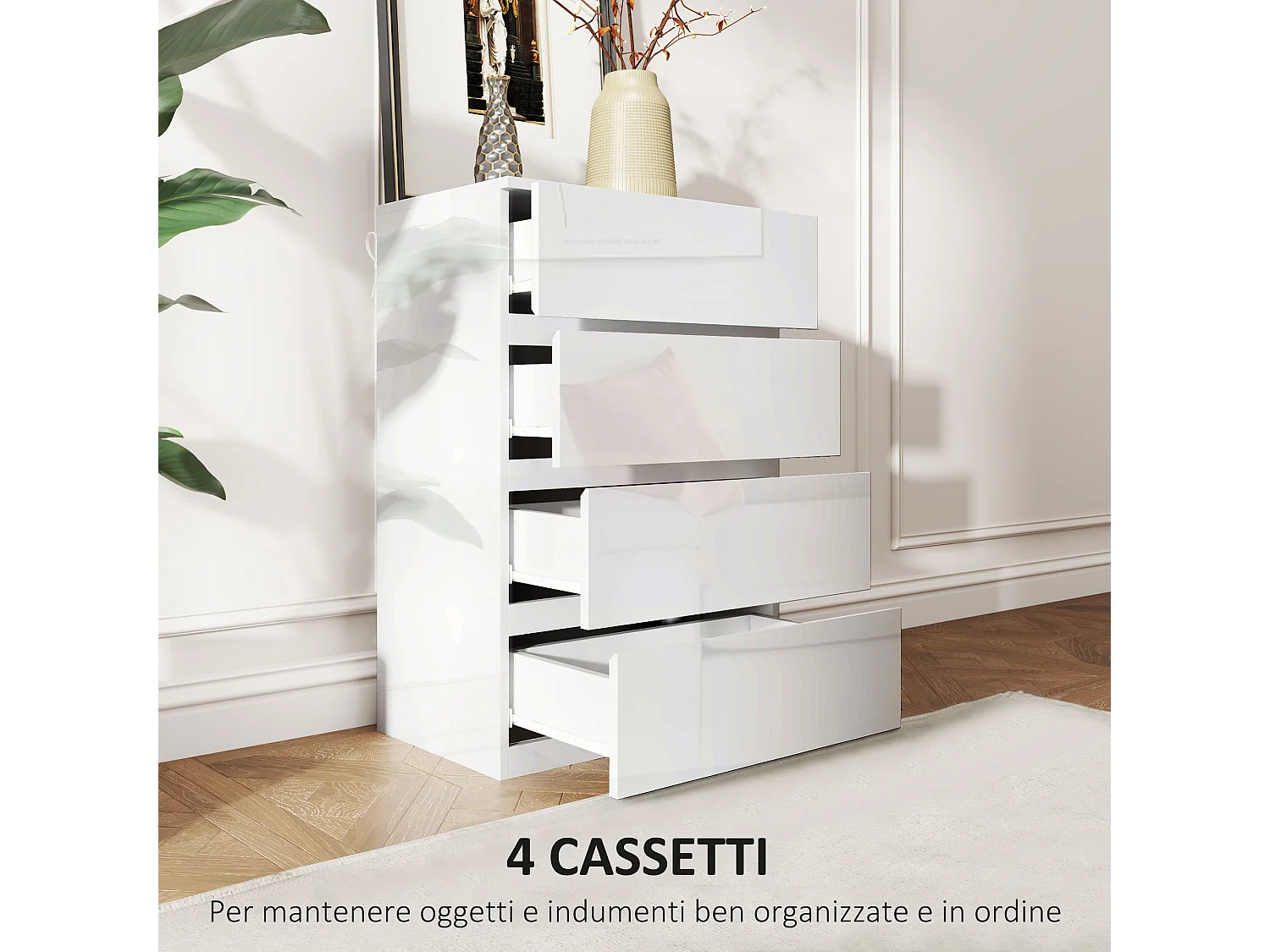 Cassettiera 4 cassetti in truciolato moderna 55x33x80 cm bianco lucido