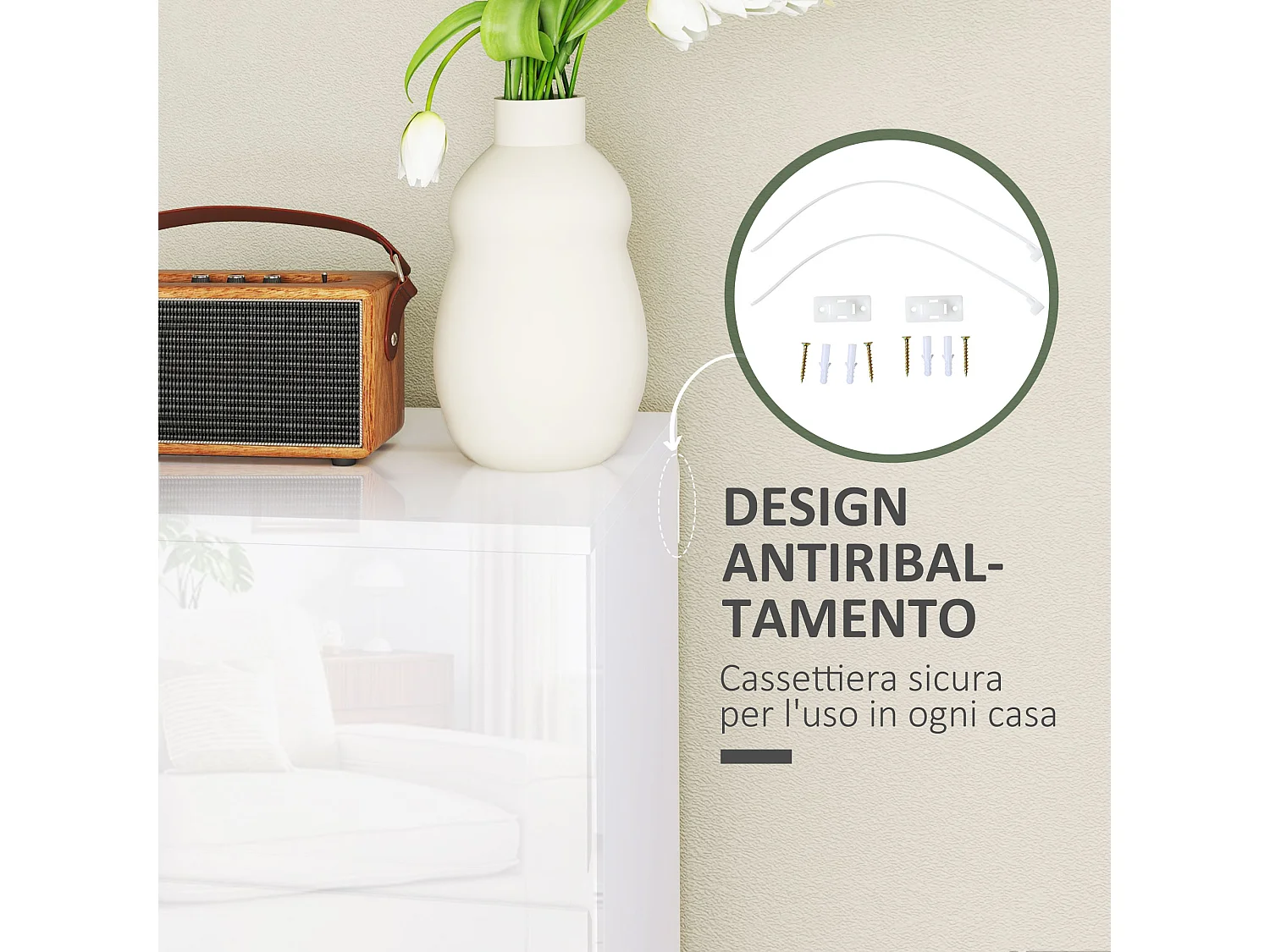 Cassettiera 4 cassetti in truciolato moderna 55x33x80 cm bianco lucido