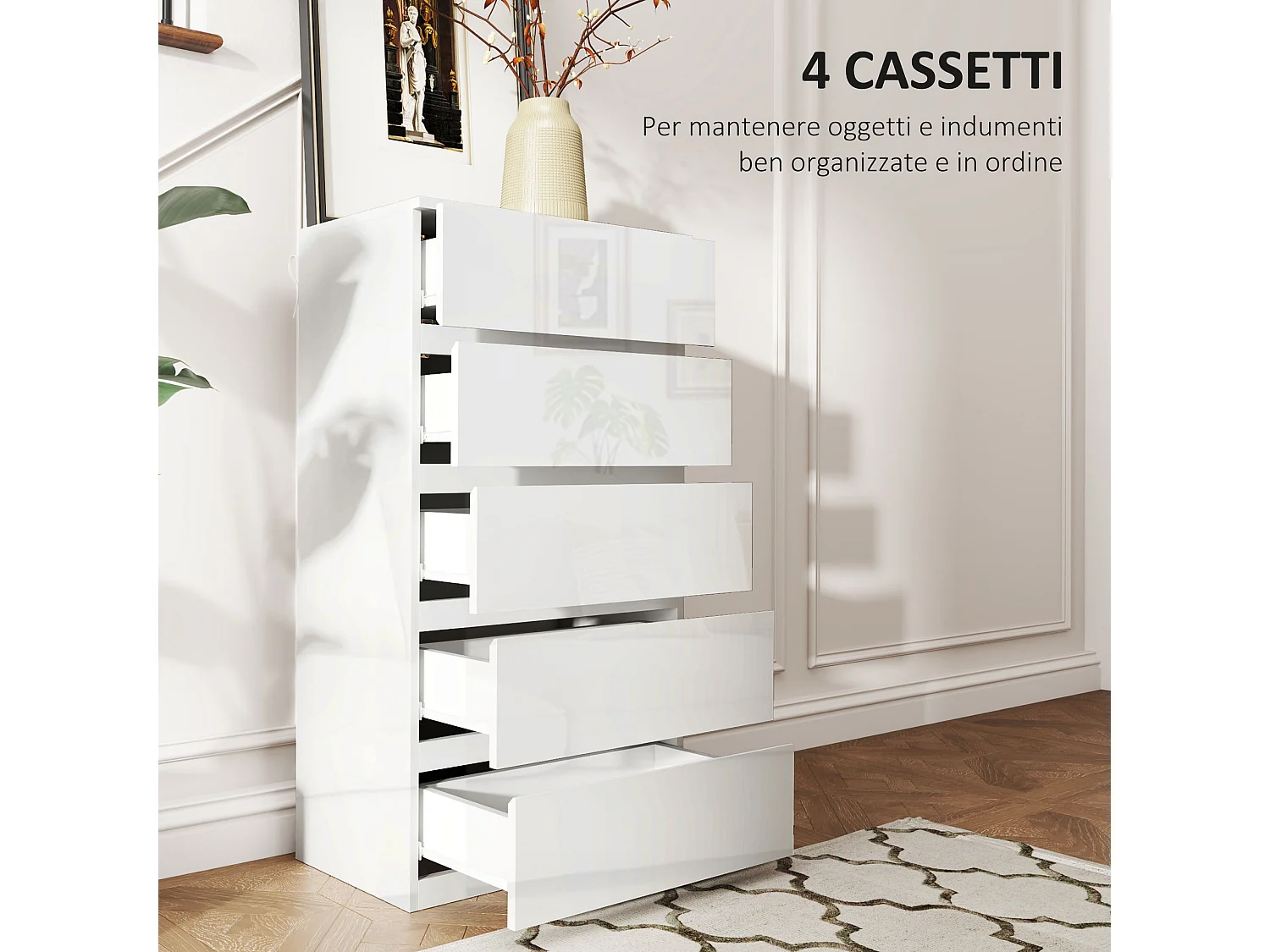 Cassettiera 5 cassetti in truciolato moderna 55x33x100cm bianco lucido