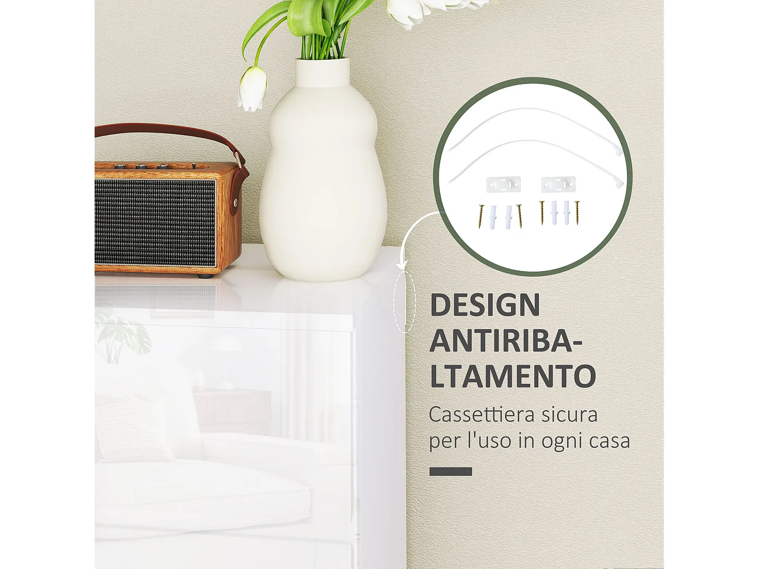 Cassettiera 5 cassetti in truciolato moderna 55x33x100cm bianco lucido