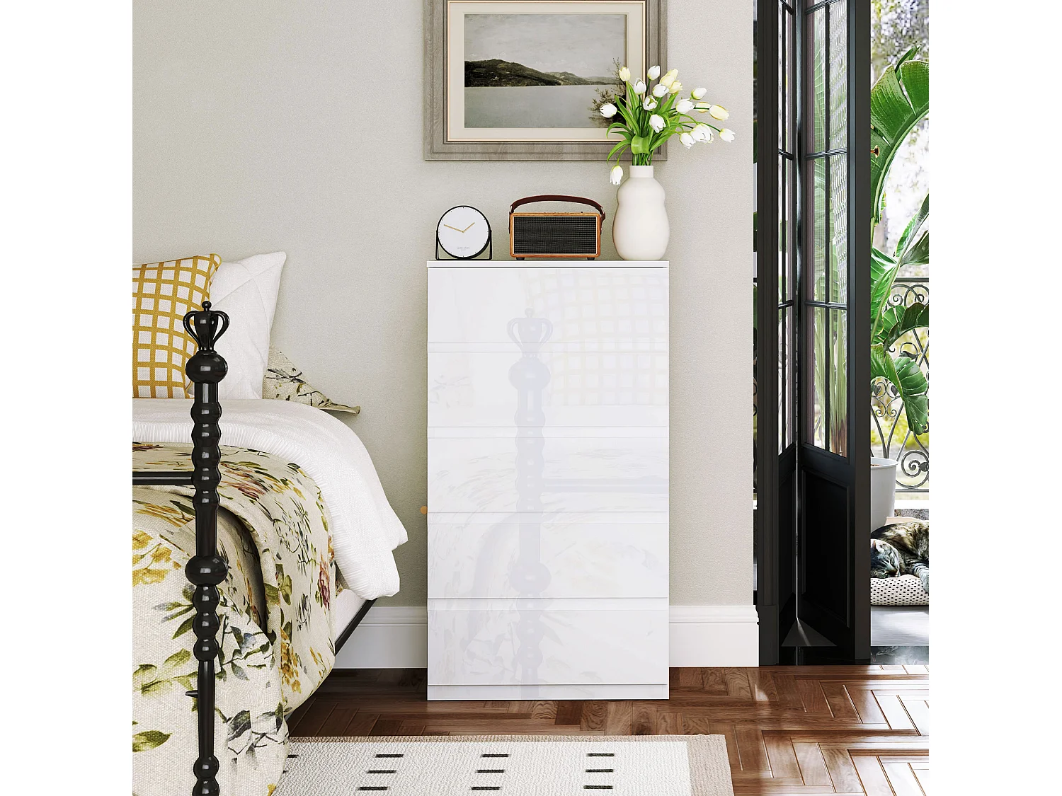 Cassettiera 5 cassetti in truciolato moderna 55x33x100cm bianco lucido