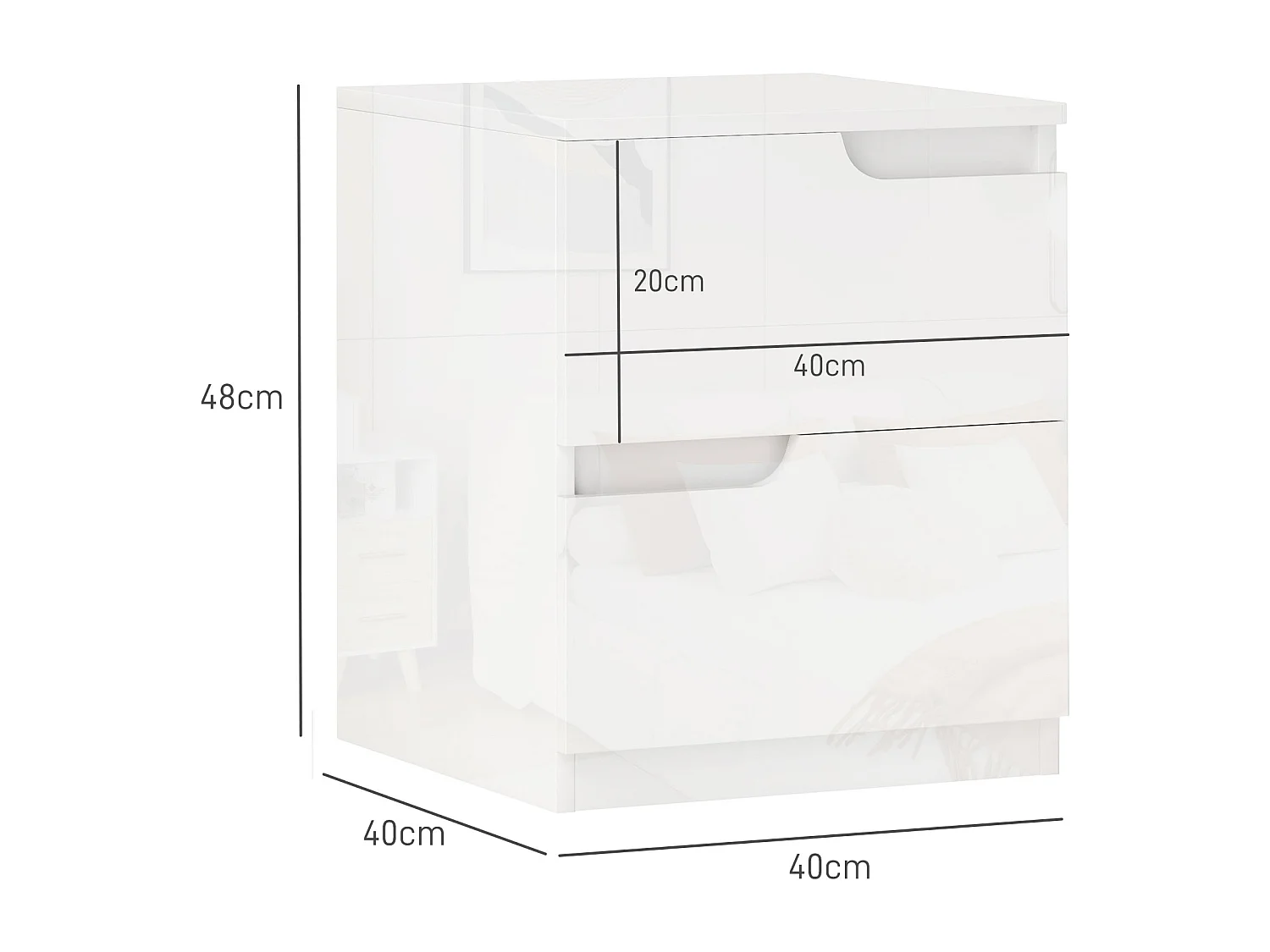 Comodino moderno con 2 cassetti in truciolato 40x40x48 cm bianco