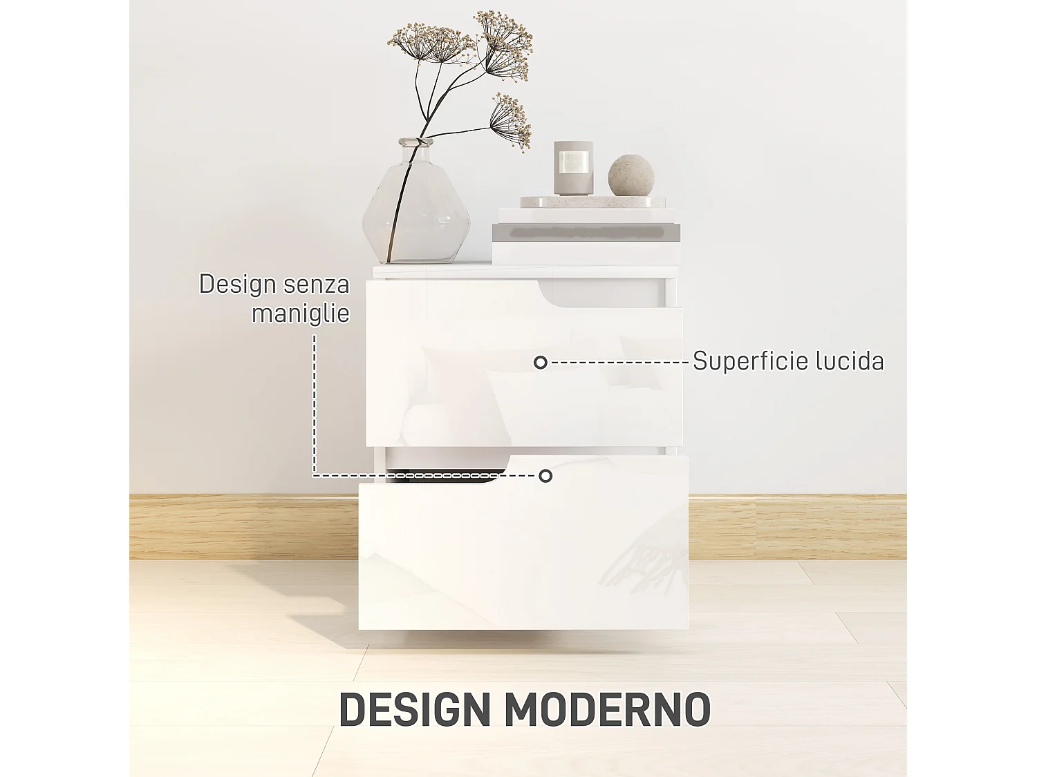 Comodino moderno con 2 cassetti in truciolato 40x40x48 cm bianco