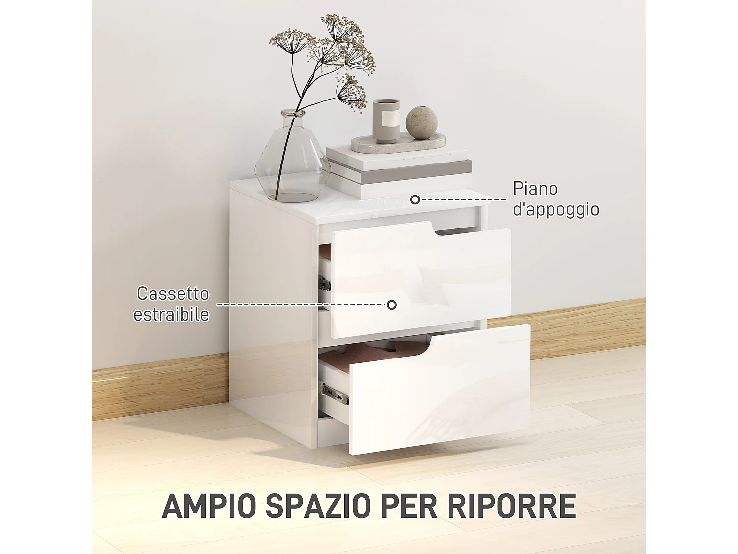 Comodino moderno con 2 cassetti in truciolato 40x40x48 cm bianco
