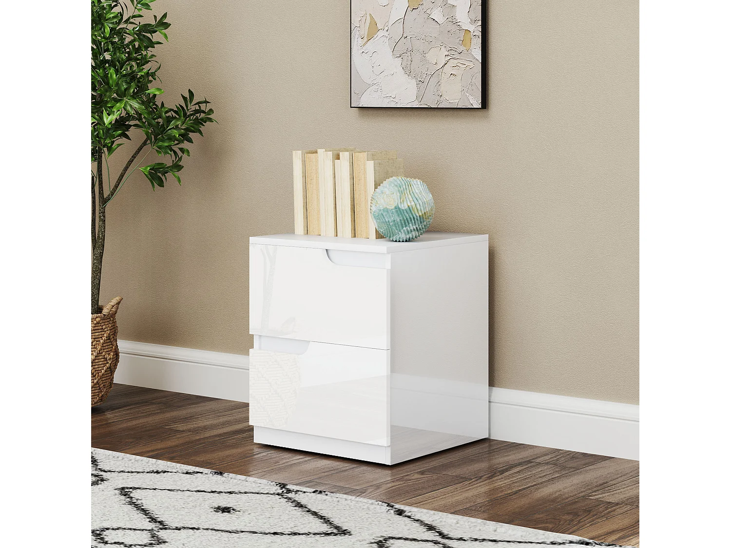 Comodino moderno con 2 cassetti in truciolato 40x40x48 cm bianco