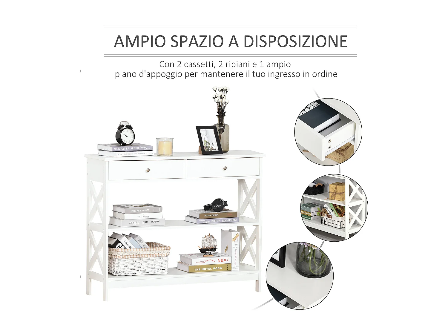 Tavolo consolle con 2 cassetti e 2 mensole in legno bianco