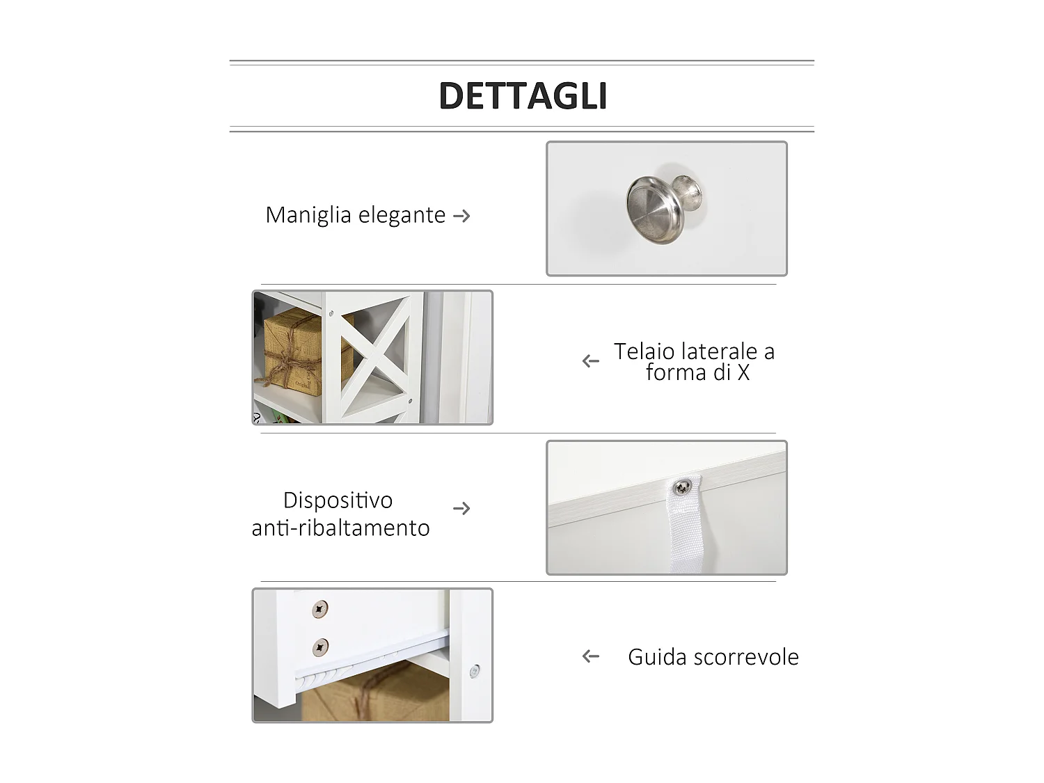 Tavolo consolle con 2 cassetti e 2 mensole in legno bianco