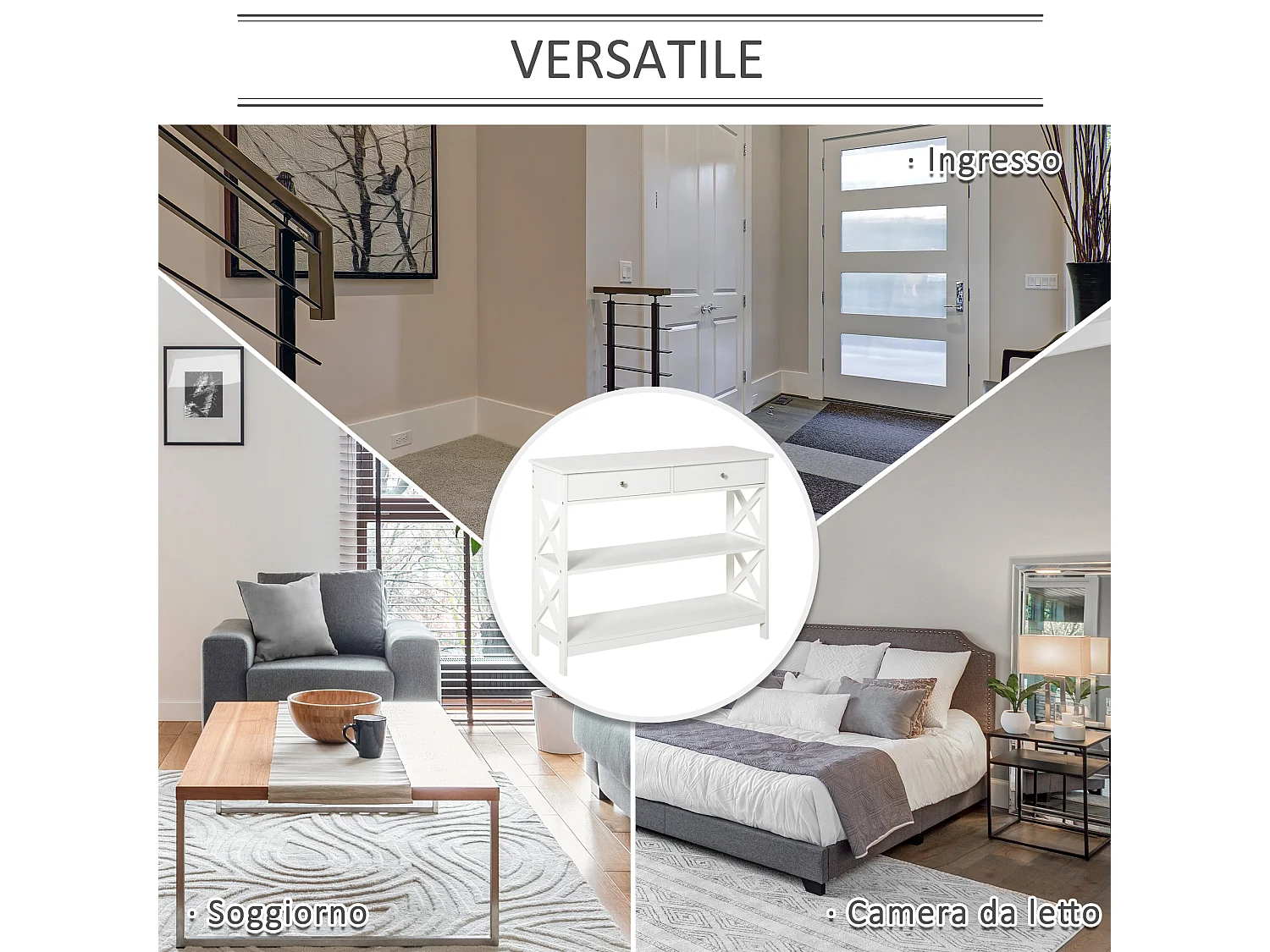 Tavolo consolle con 2 cassetti e 2 mensole in legno bianco