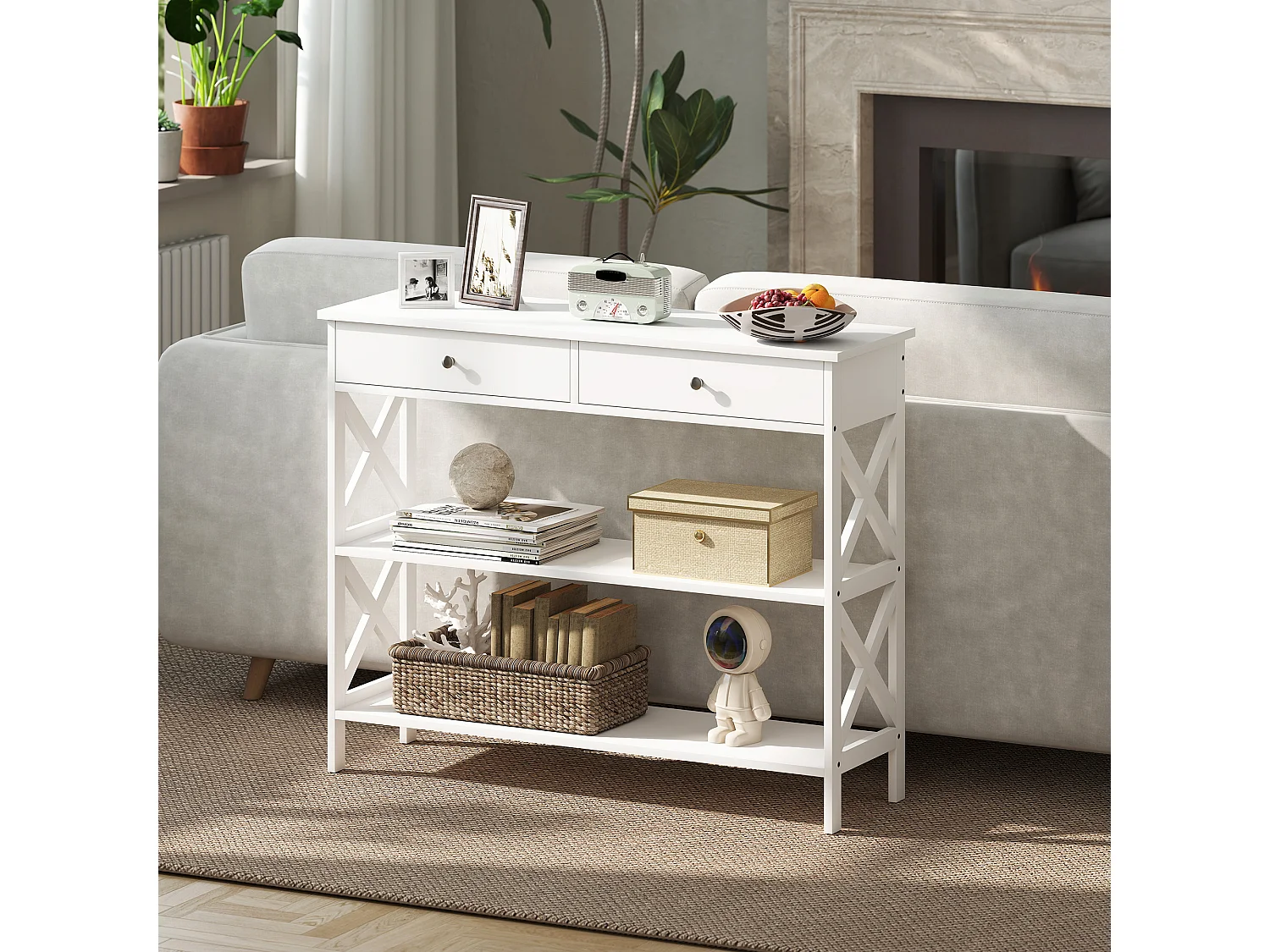 Tavolo consolle con 2 cassetti e 2 mensole in legno bianco