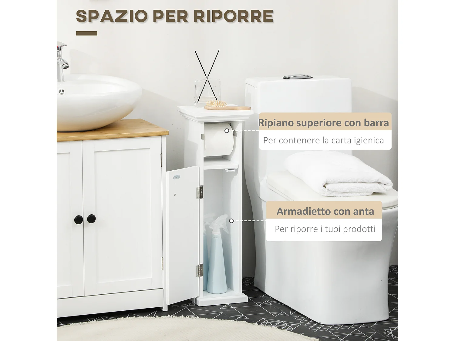 Mobile bagno con porta carta igienica e armadietto in mdf