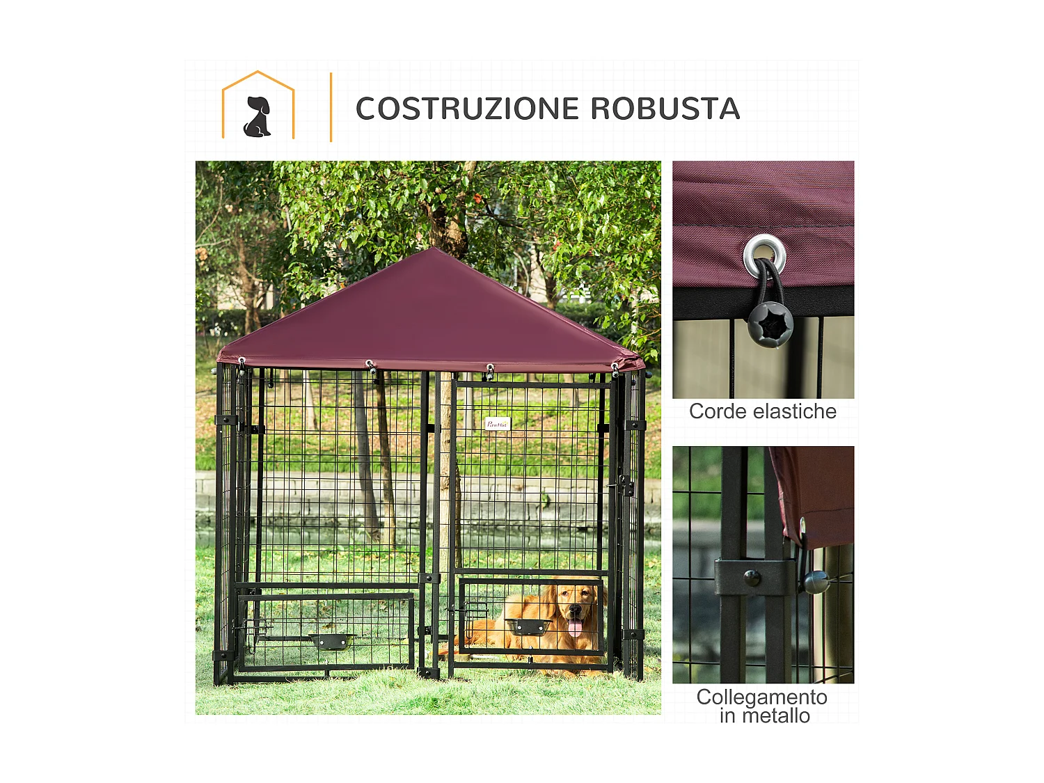 Recinto per cani da esterno in acciaio con copertura in tessuto