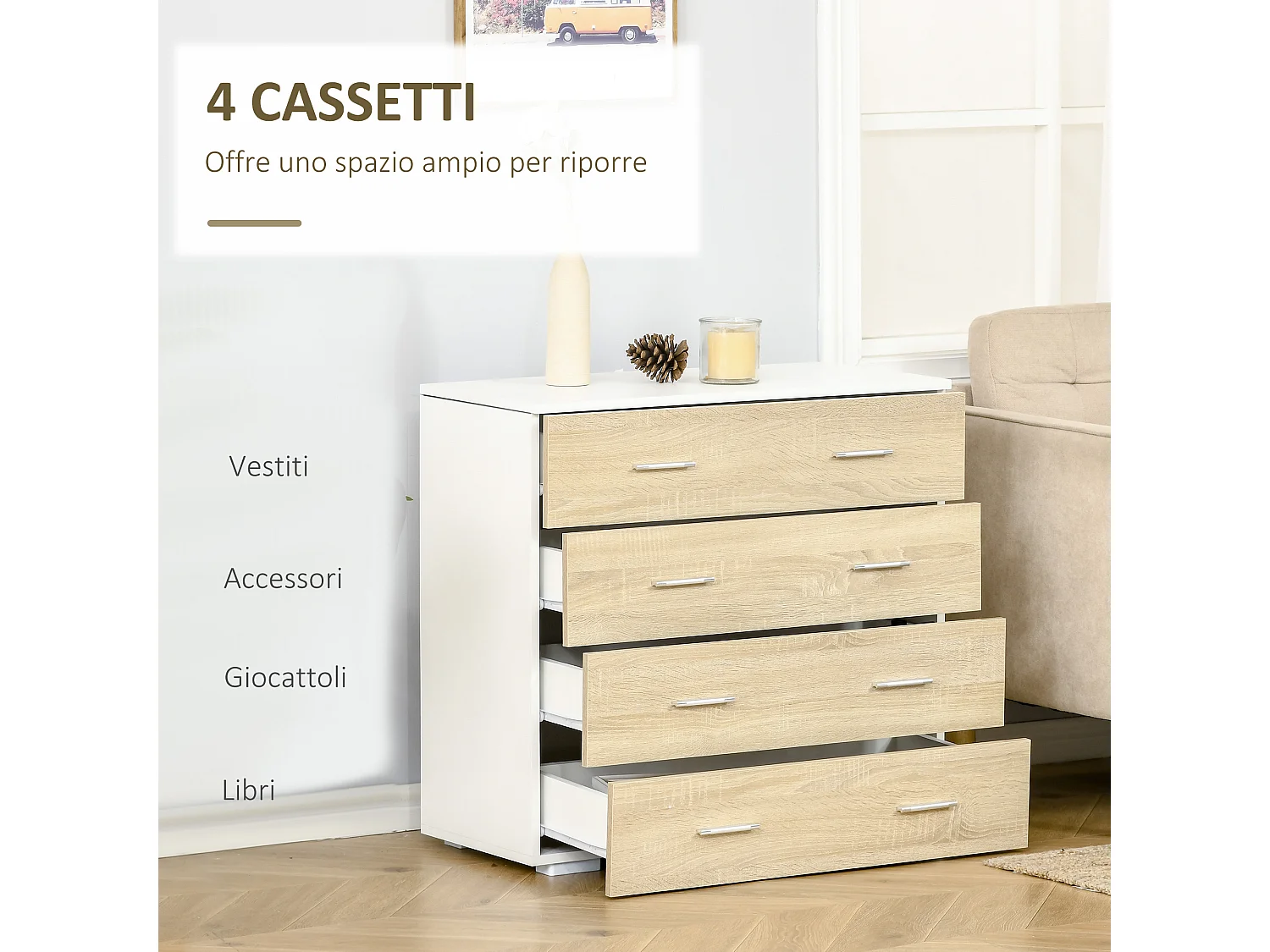 Cassettiera camera da letto comò camera da letto con 4 cassetti con maniglie in alluminio