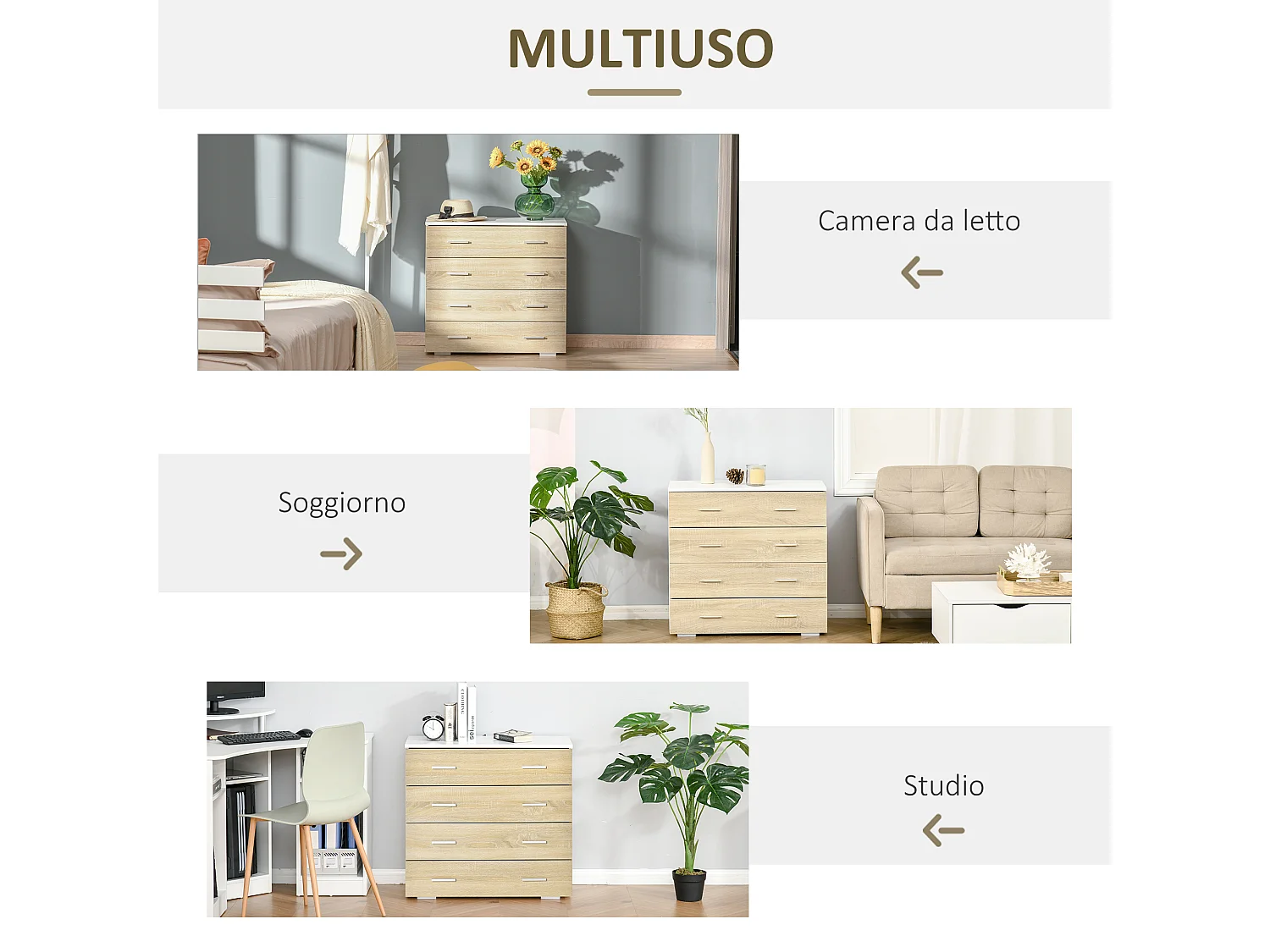 Cassettiera camera da letto comò camera da letto con 4 cassetti con maniglie in alluminio