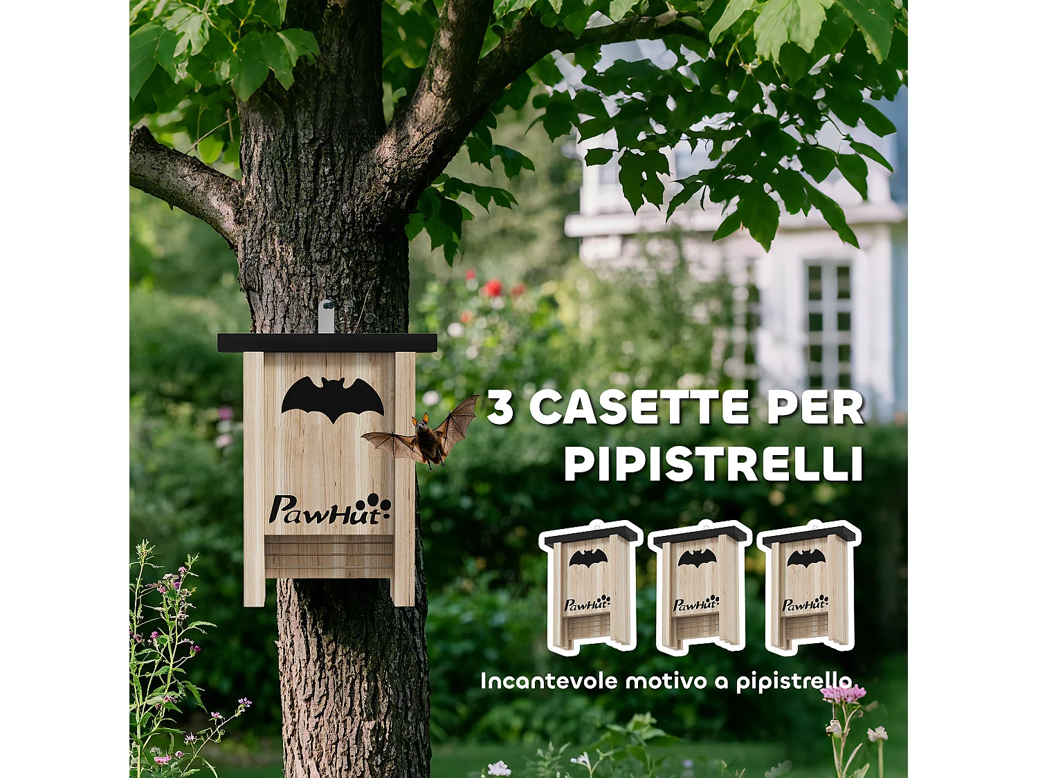 Set 3 casette per pipistrelli 18x6x22.5 cm in legno di abete
