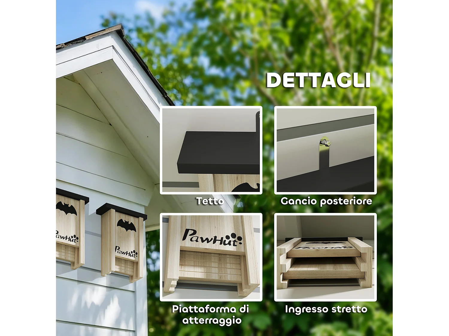 Set 3 casette per pipistrelli 18x6x22.5 cm in legno di abete