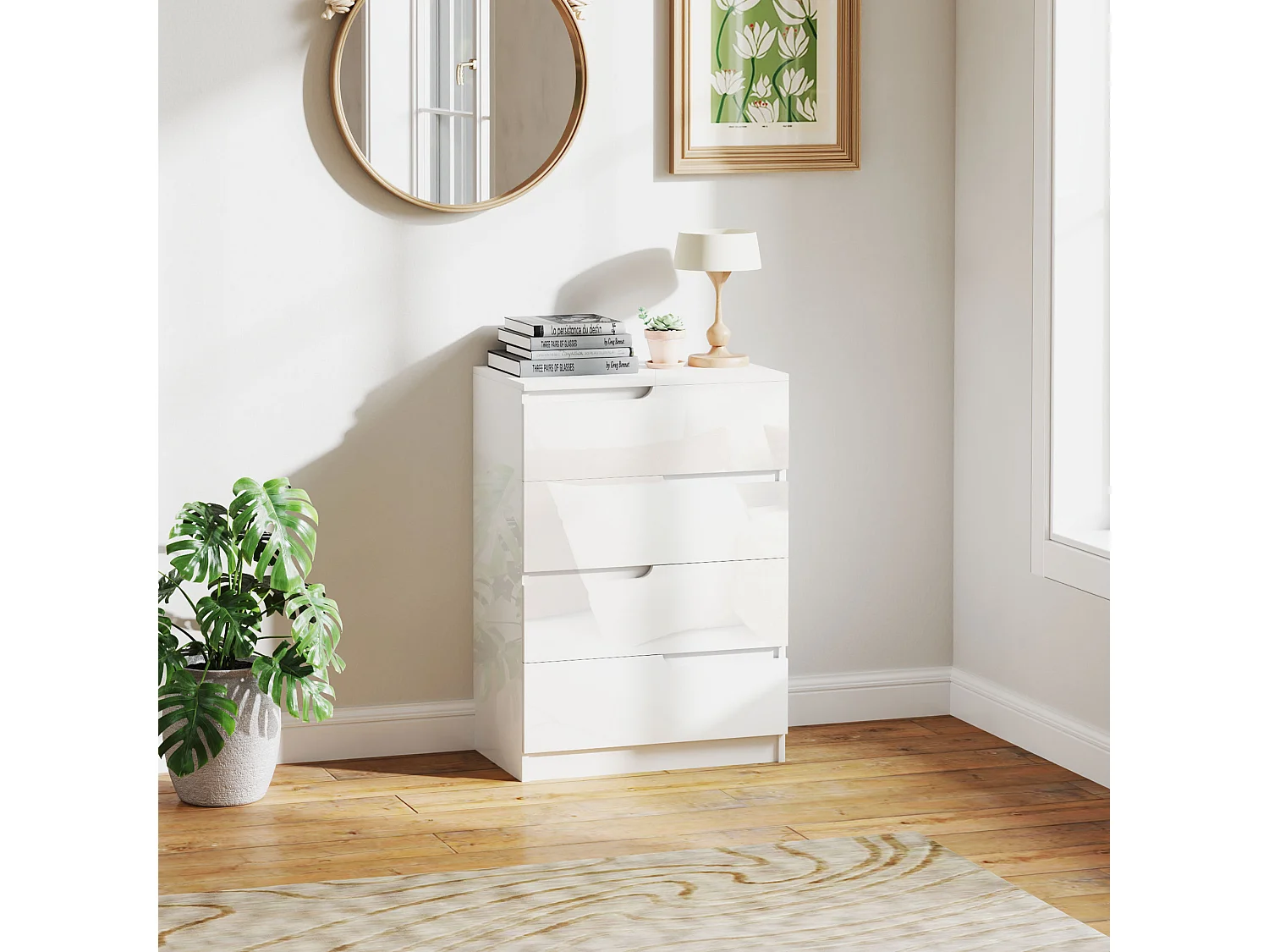 Cassettiera 4 cassetti moderna in truciolato bianco 60x40x85 cm