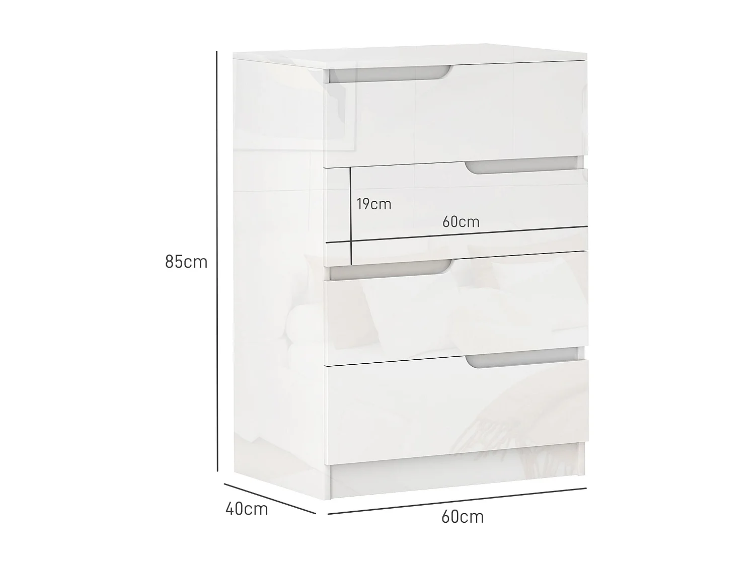 Cassettiera 4 cassetti moderna in truciolato bianco 60x40x85 cm