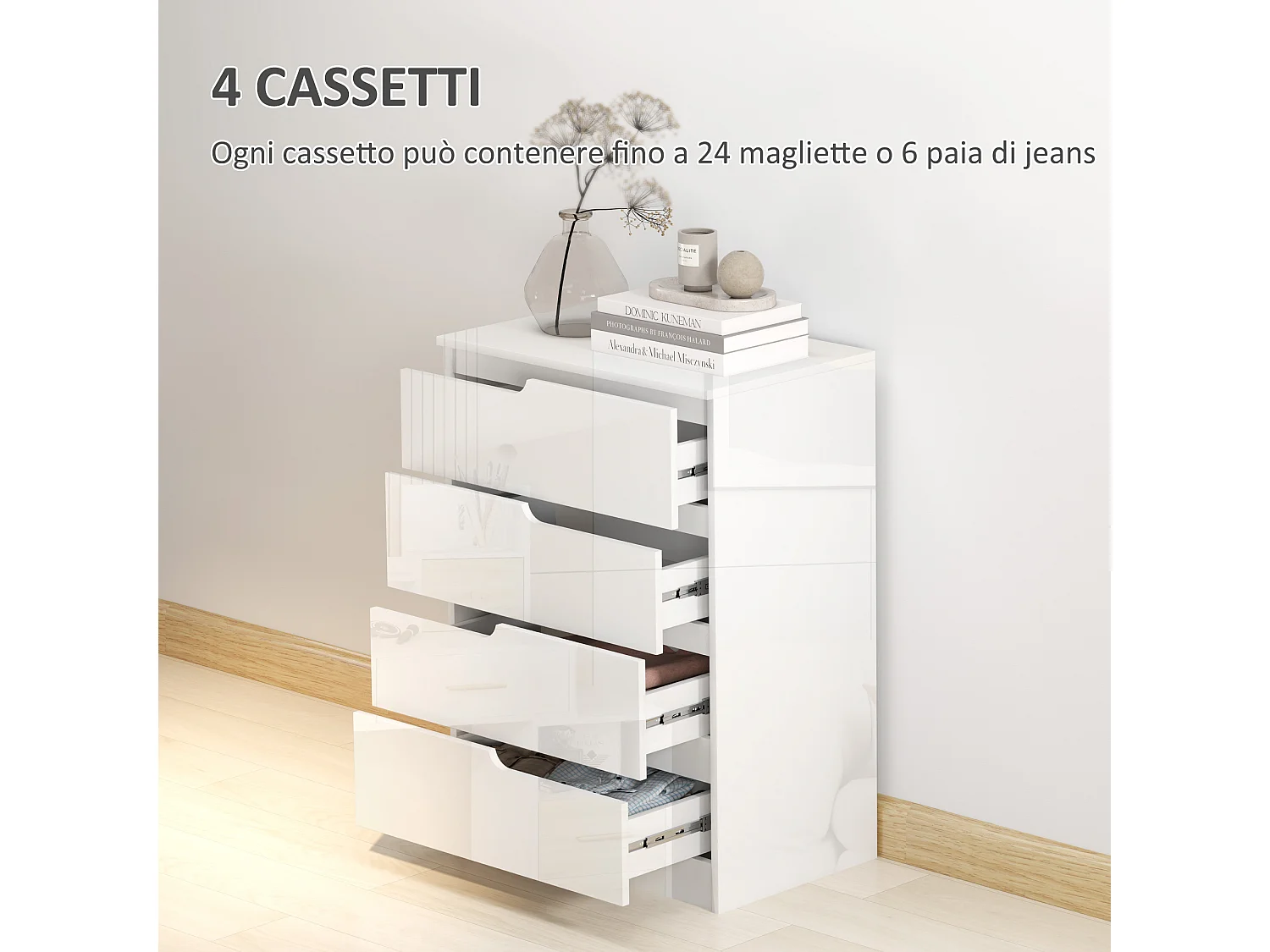 Cassettiera 4 cassetti moderna in truciolato bianco 60x40x85 cm