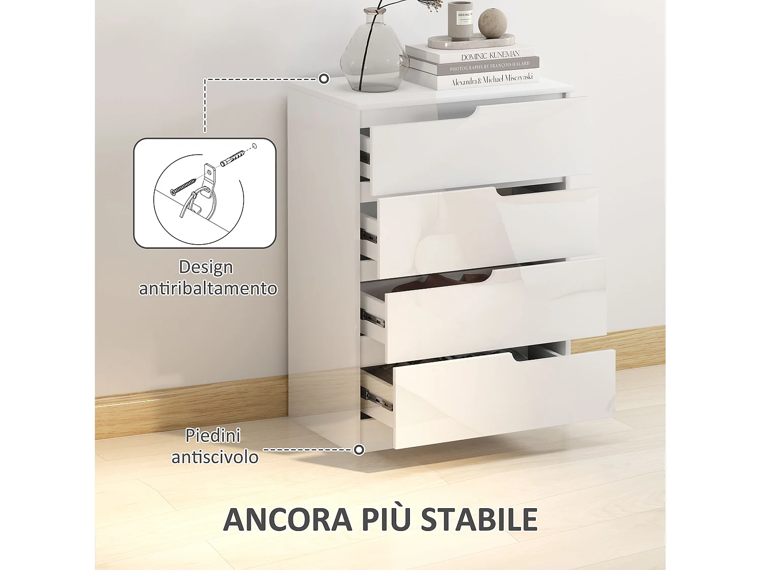 Cassettiera 4 cassetti moderna in truciolato bianco 60x40x85 cm