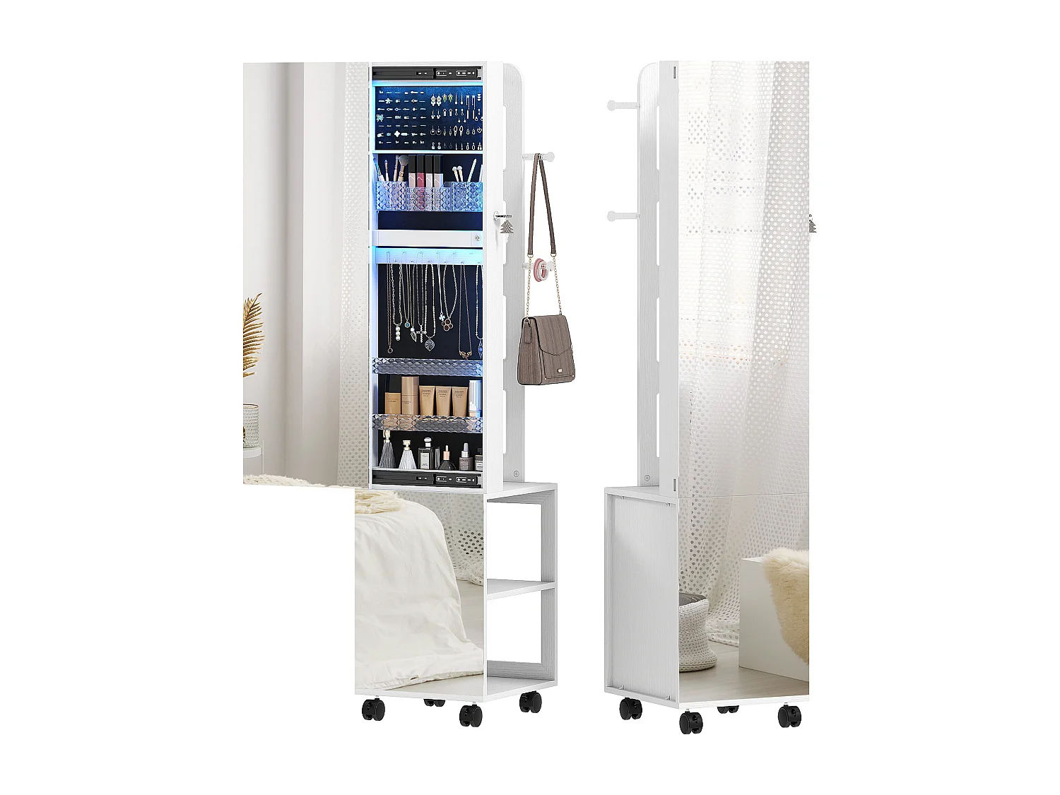 Armadio portagioie con specchio girevole luce e serratura nero