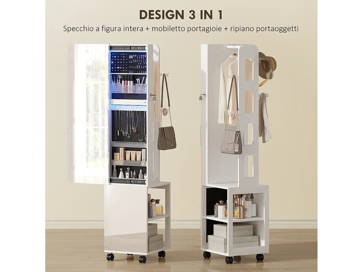 Armadio portagioie con specchio girevole luce e serratura nero