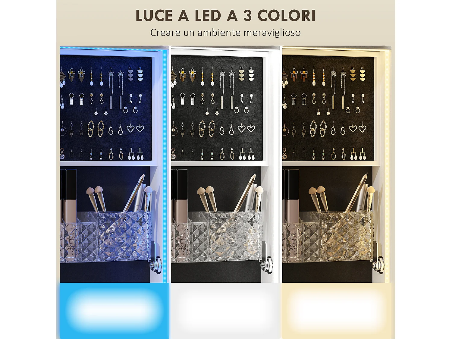 Armadio portagioie con specchio girevole luce e serratura nero