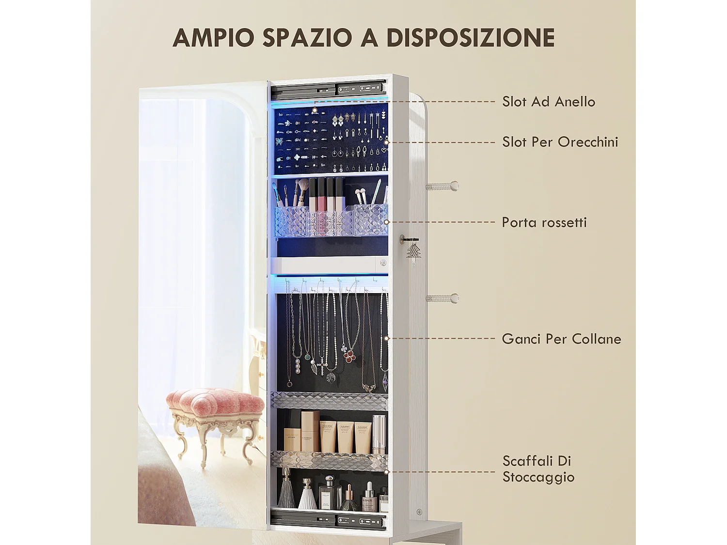 Armadio portagioie con specchio girevole luce e serratura nero