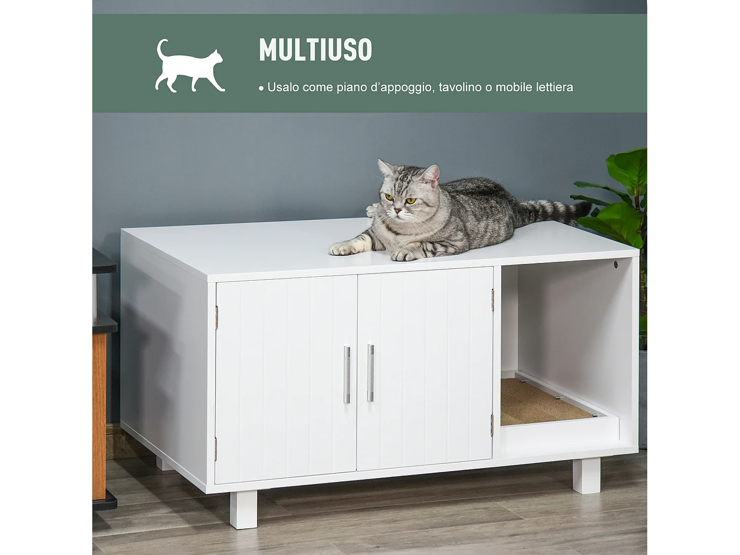 Mobile per lettiera gatti con 2 ante e apertura laterale in legno