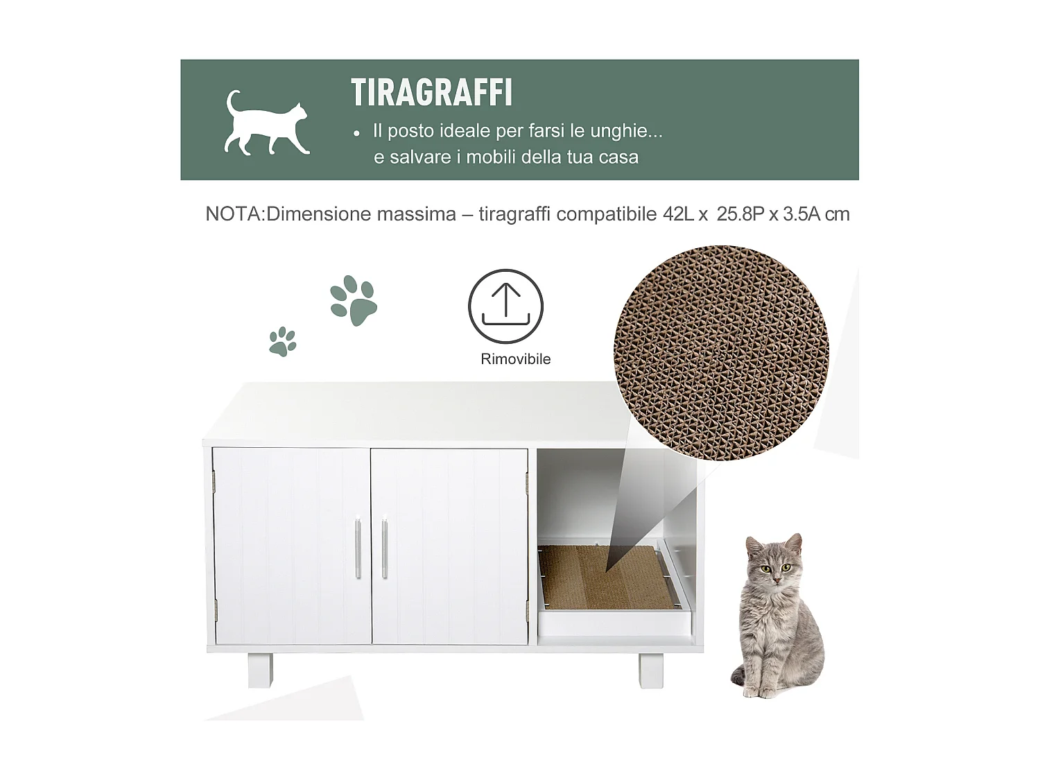 Mobile per lettiera gatti con 2 ante e apertura laterale in legno