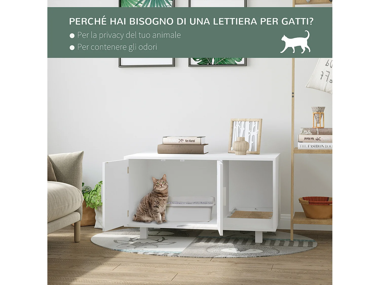 Mobile per lettiera gatti con 2 ante e apertura laterale in legno