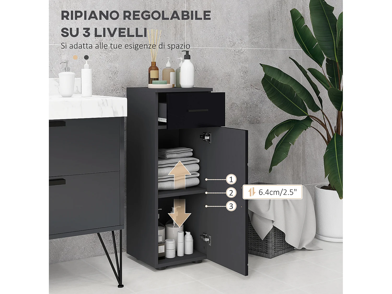 Mobiletto da bagno con cassetto e armadietto a 2 livelli