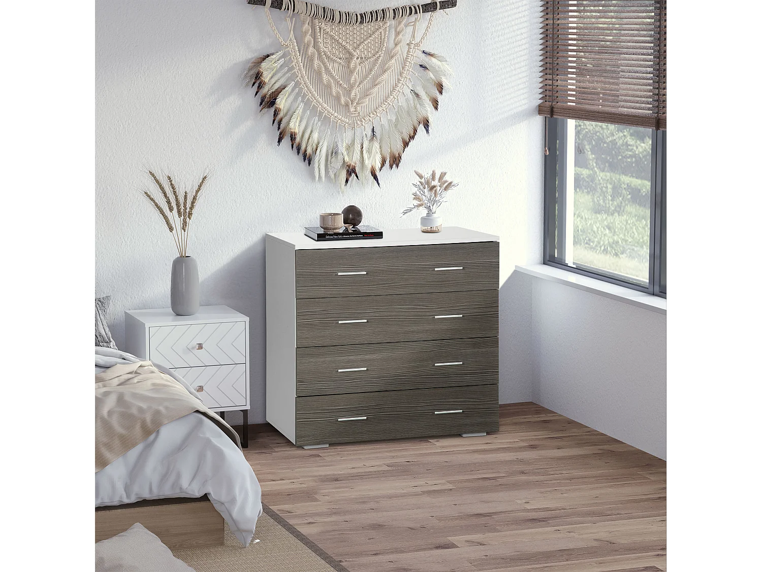 Cassettiera moderna 4 cassetti legno bianco grigio 76x35x72cm