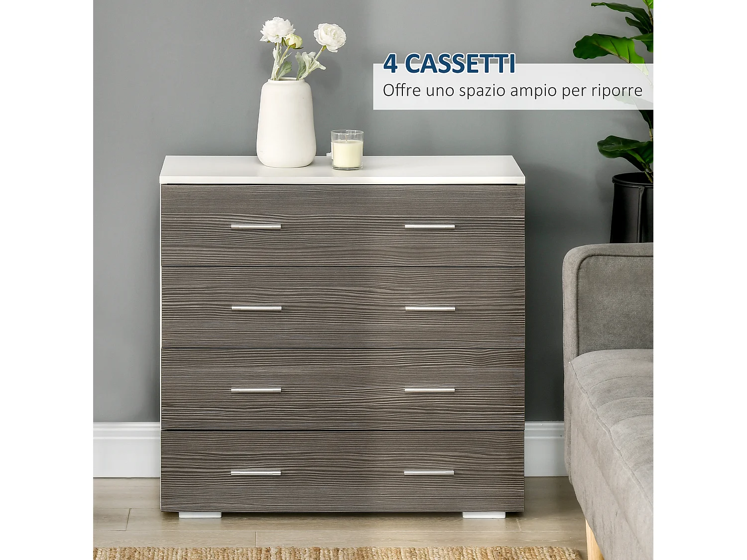 Cassettiera moderna 4 cassetti legno bianco grigio 76x35x72cm